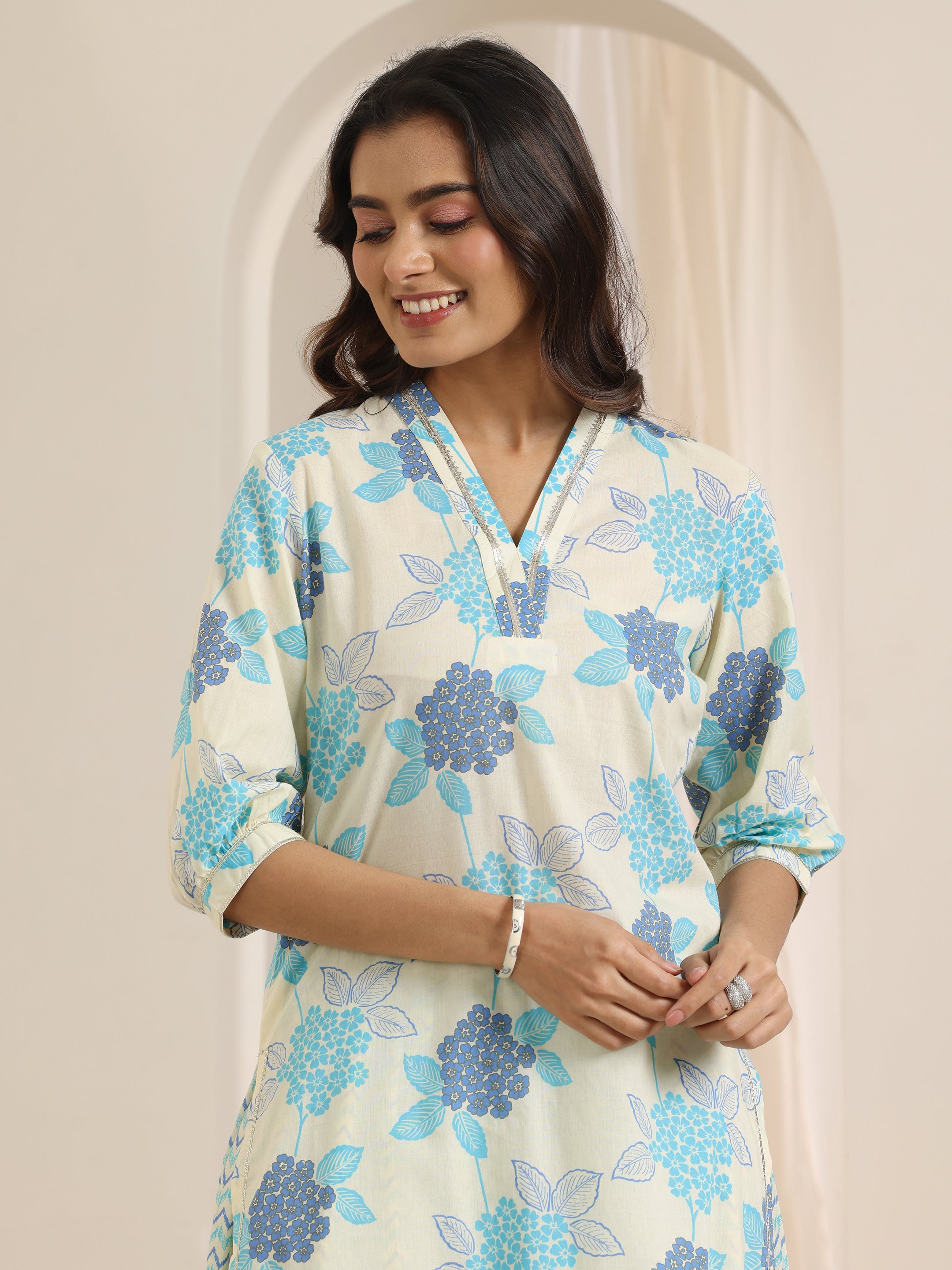 Off White Floral Printed Cotton Straight Suit Set With Dupatta