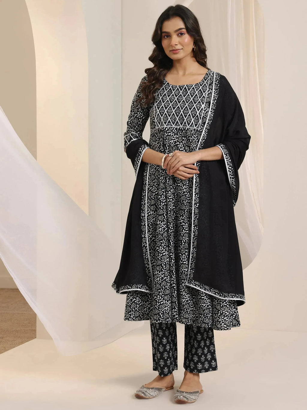 Black Floral Printed Cotton Anarkali Suit Set With Dupatta