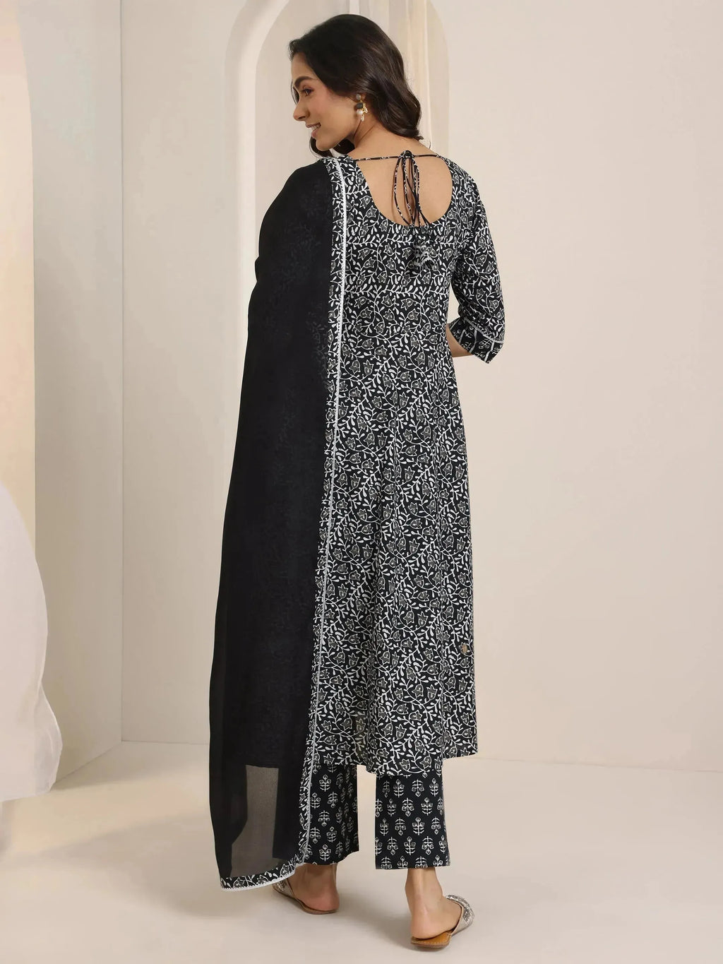 Black Floral Printed Cotton Anarkali Suit Set With Dupatta