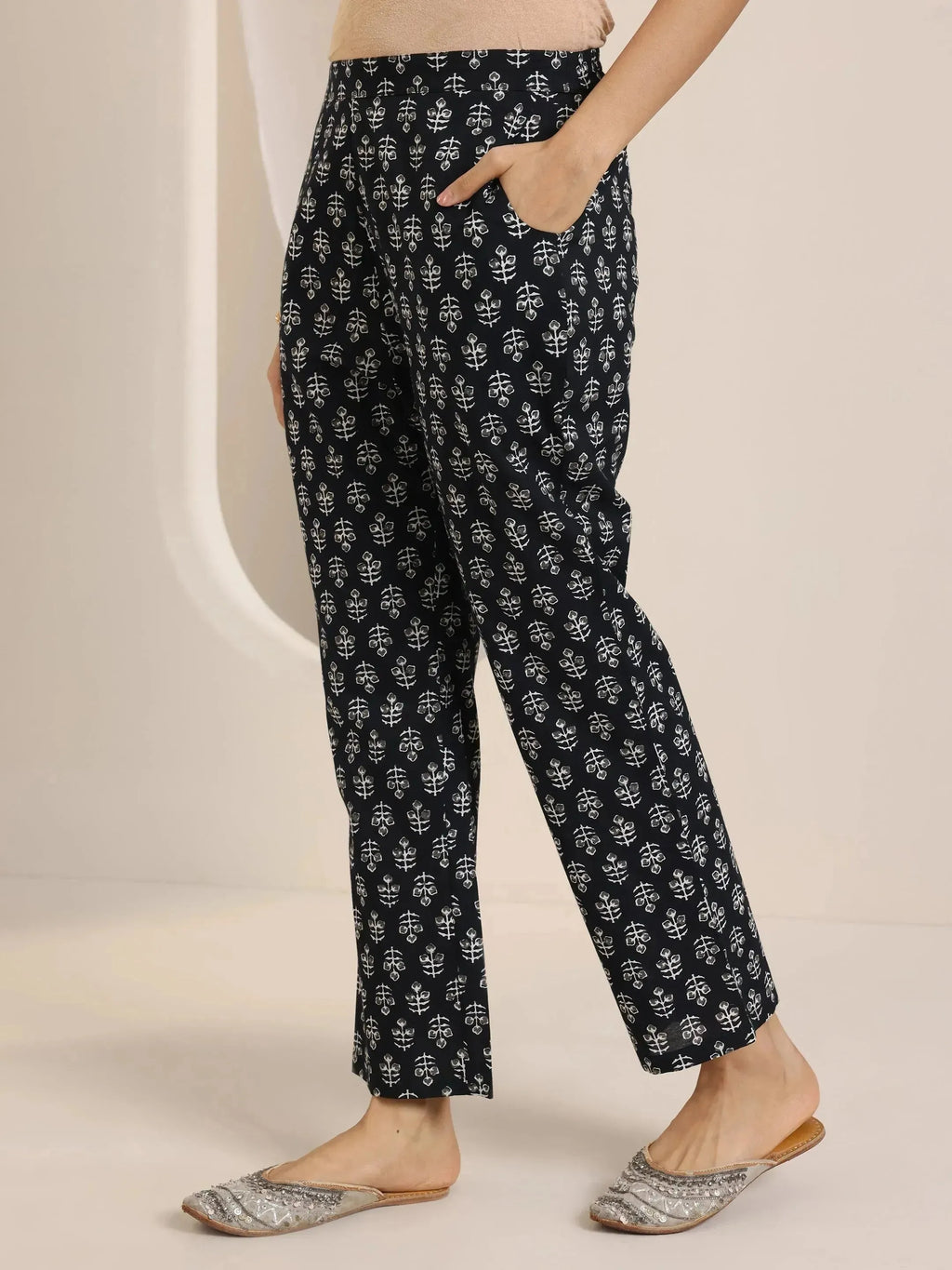 Black Floral Printed Cotton Anarkali Suit Set With Dupatta