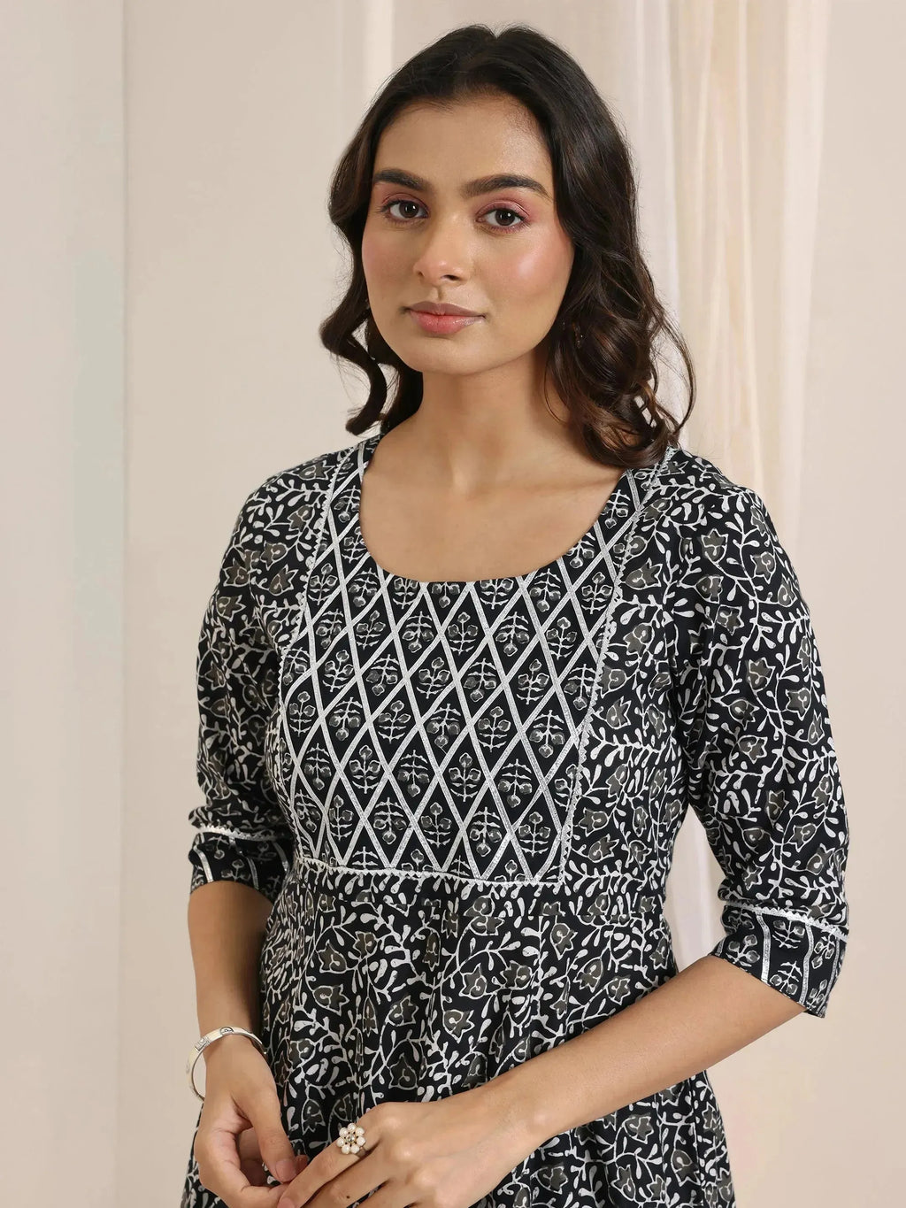 Black Floral Printed Cotton Anarkali Suit Set With Dupatta