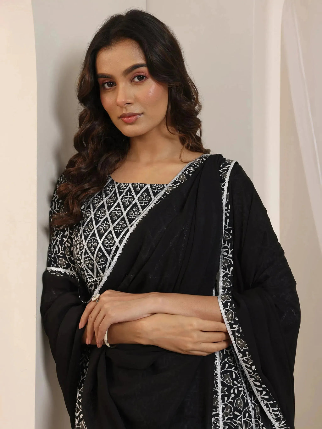 Black Floral Printed Cotton Anarkali Suit Set With Dupatta