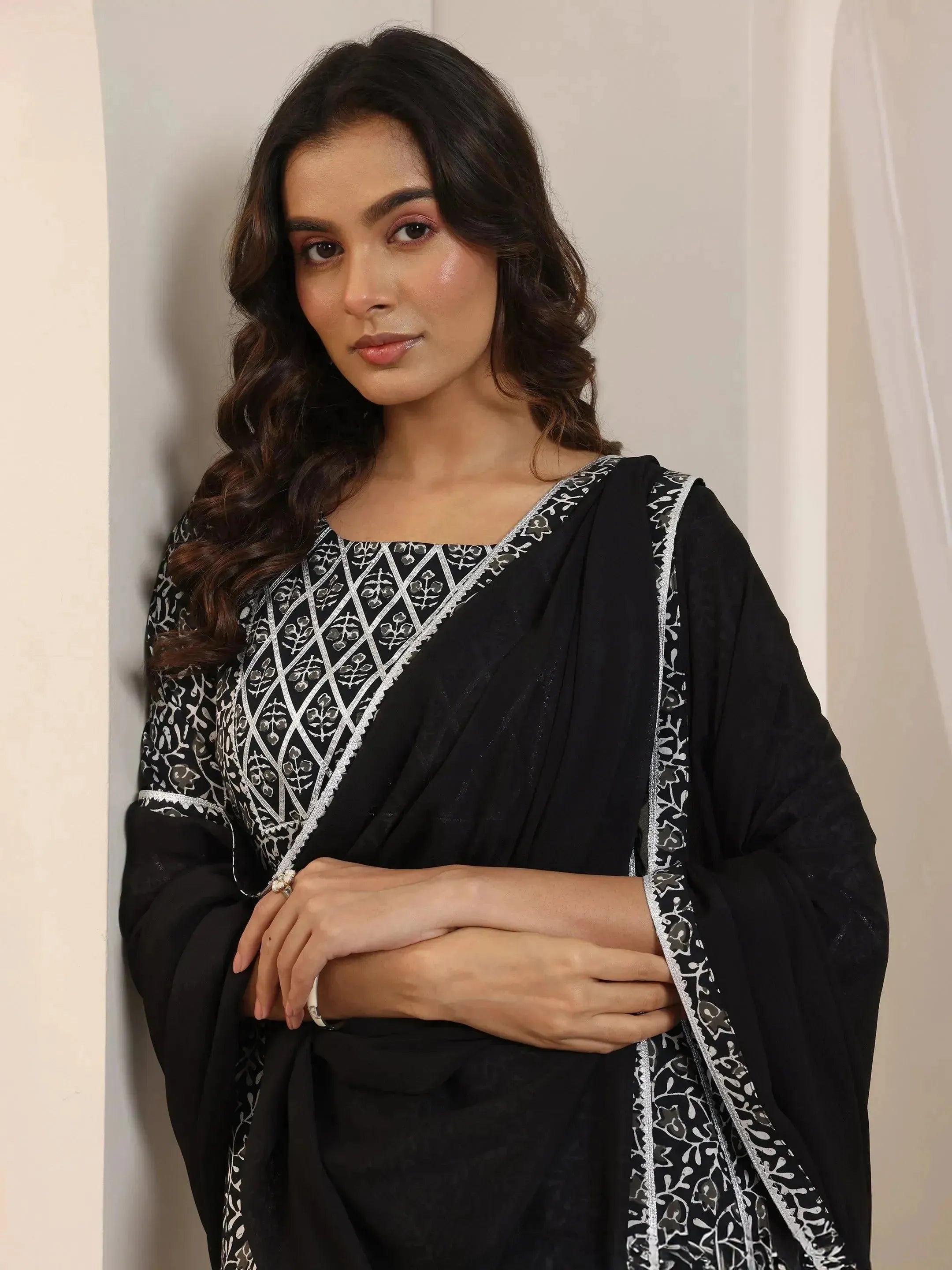 Black Floral Printed Cotton Anarkali Suit Set With Dupatta