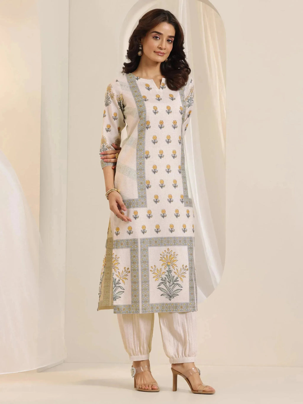 Off White Printed Cotton Blend Straight Suit Set With Dupatta