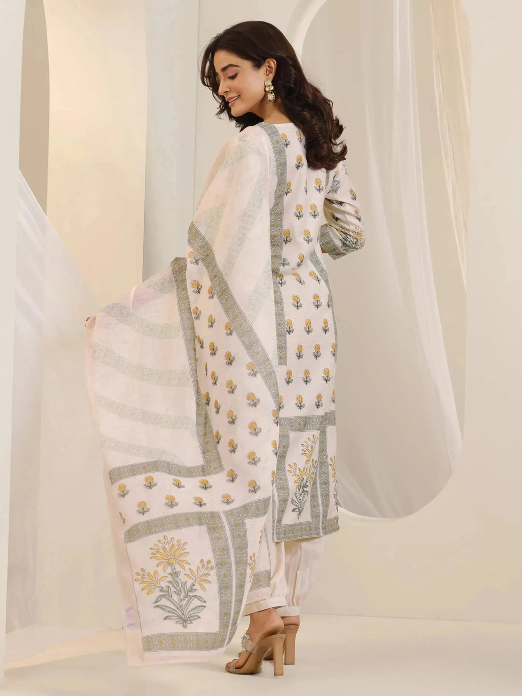 Off White Printed Cotton Blend Straight Suit Set With Dupatta