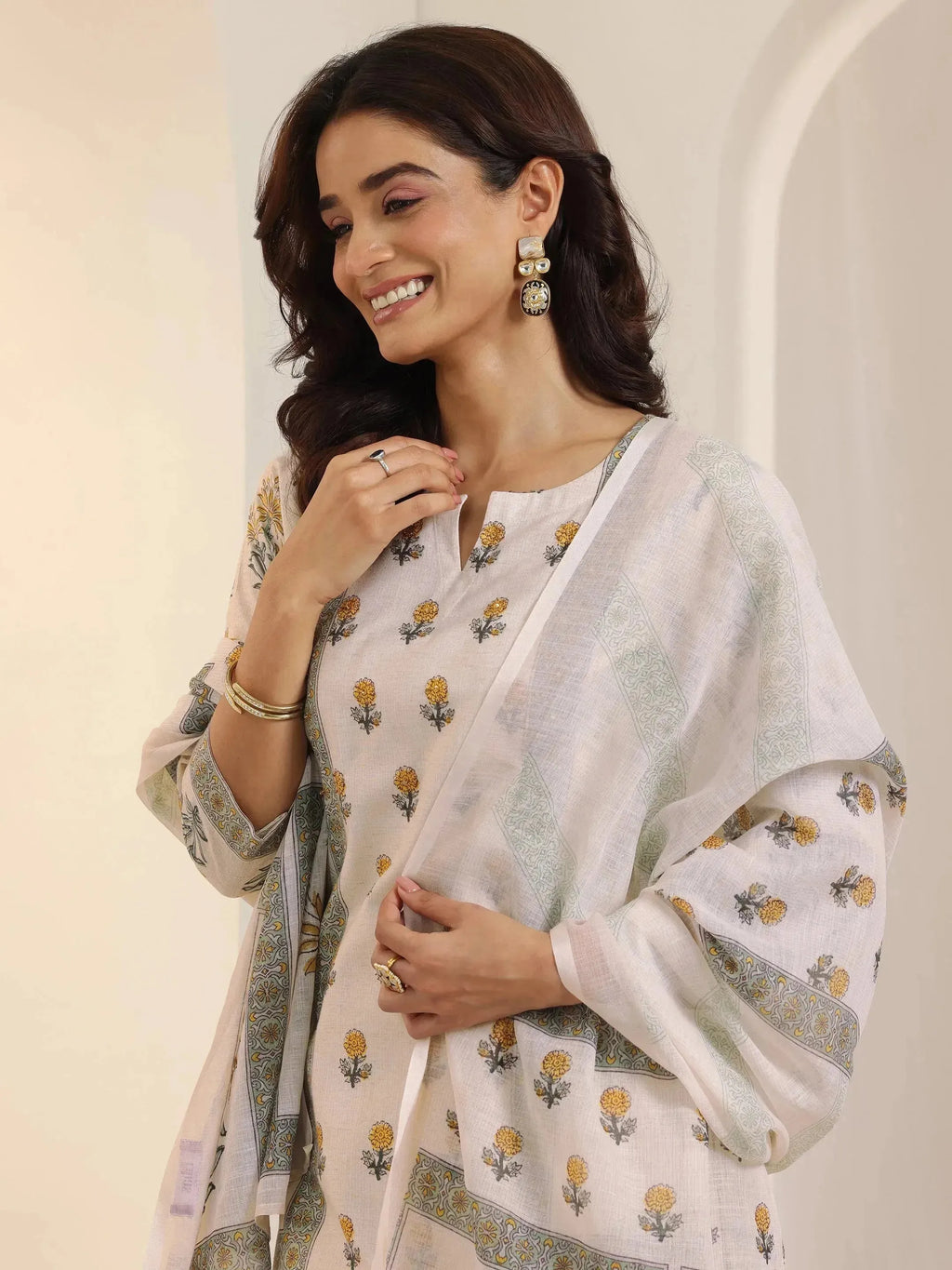 Off White Printed Cotton Blend Straight Suit Set With Dupatta