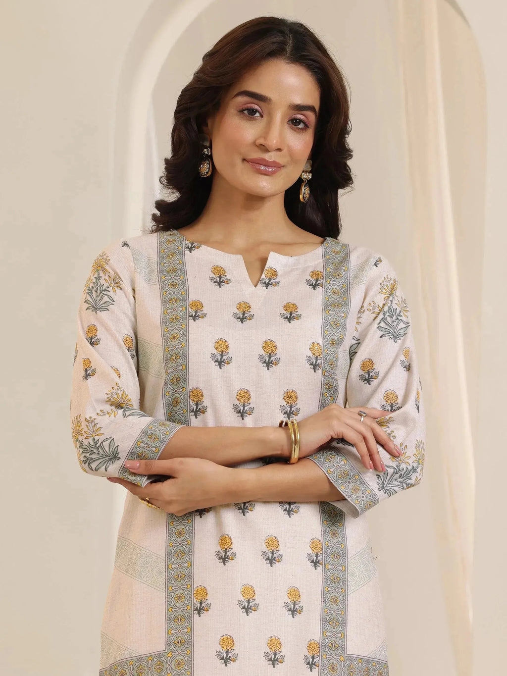 Off White Printed Cotton Blend Straight Suit Set With Dupatta