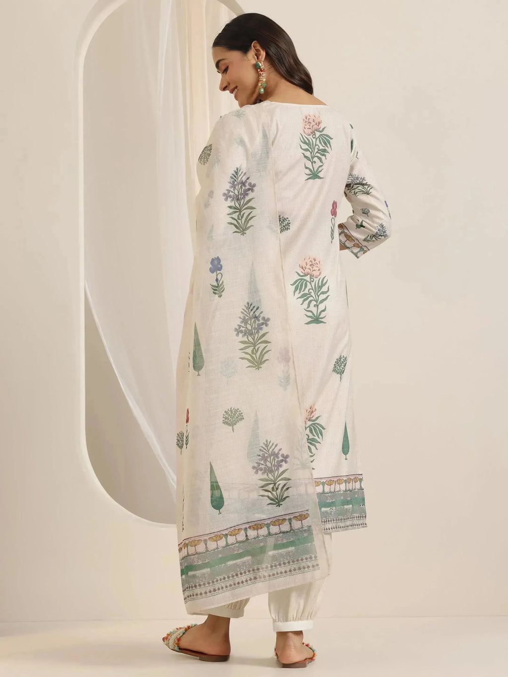 Off White Printed Cotton Blend Straight Suit Set With Dupatta