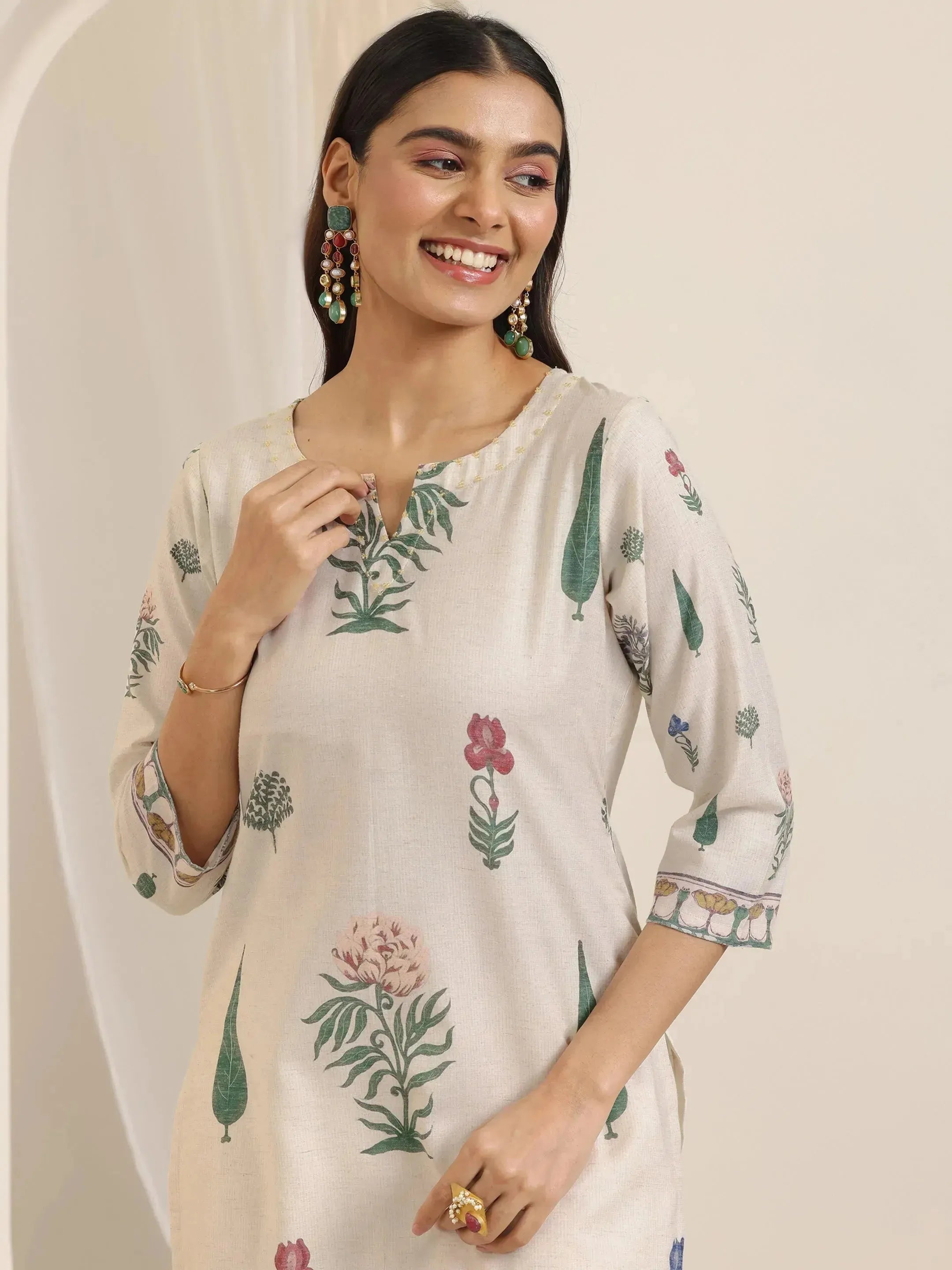 Off White Printed Cotton Blend Straight Suit Set With Dupatta