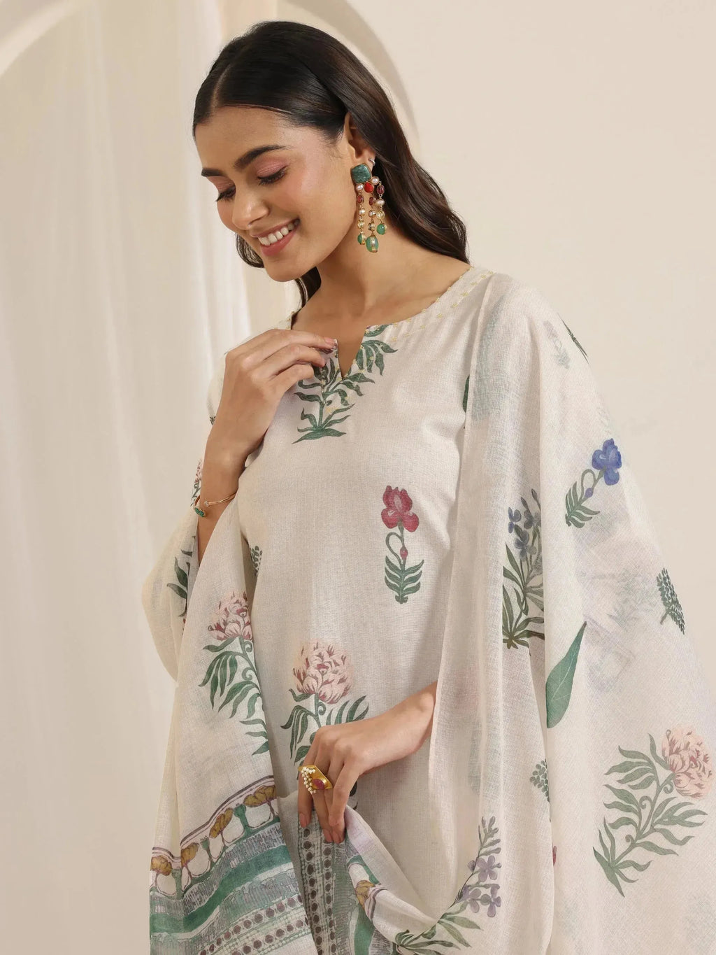 Off White Printed Cotton Blend Straight Suit Set With Dupatta