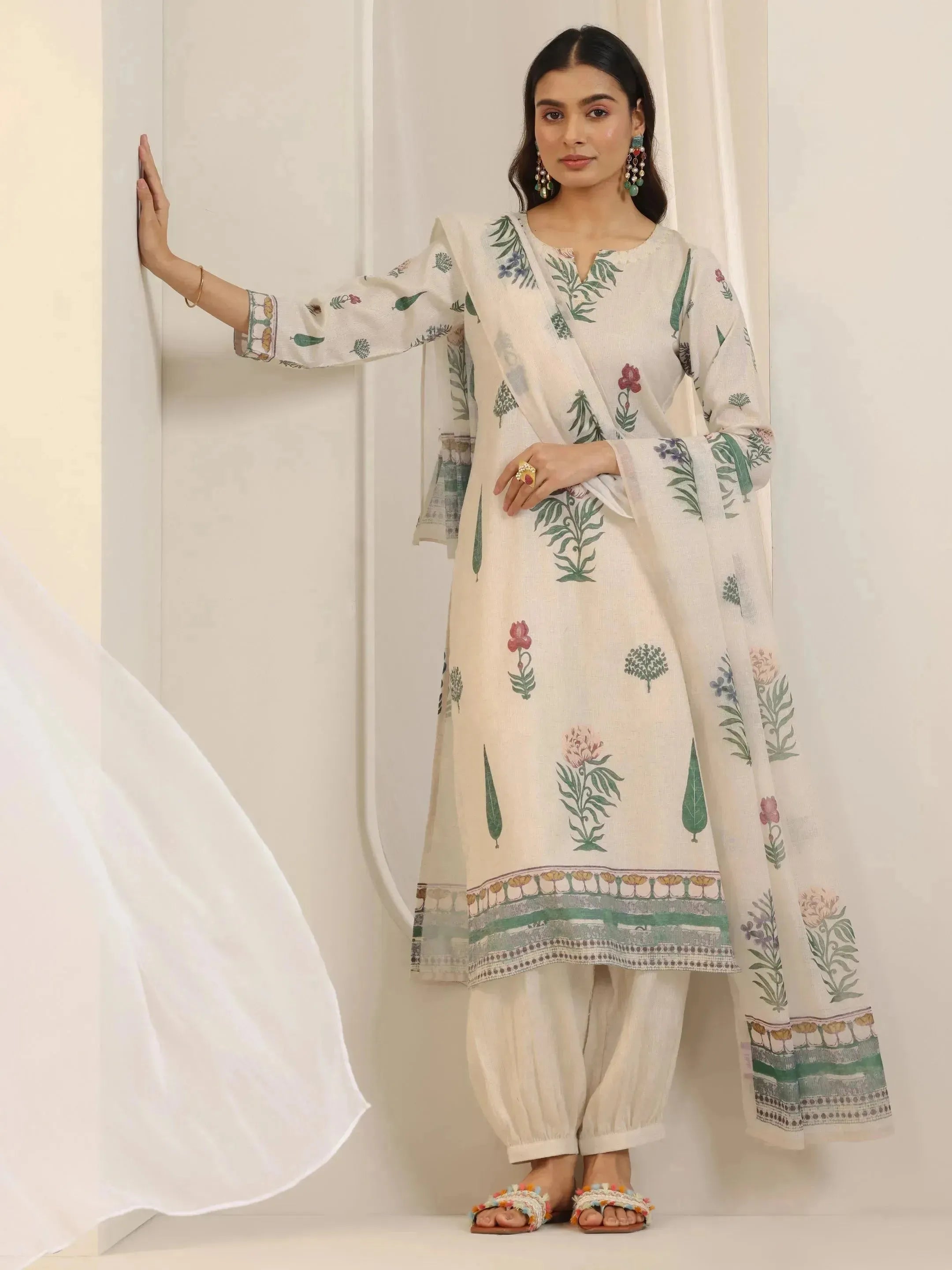 Off White Printed Cotton Blend Straight Suit Set With Dupatta
