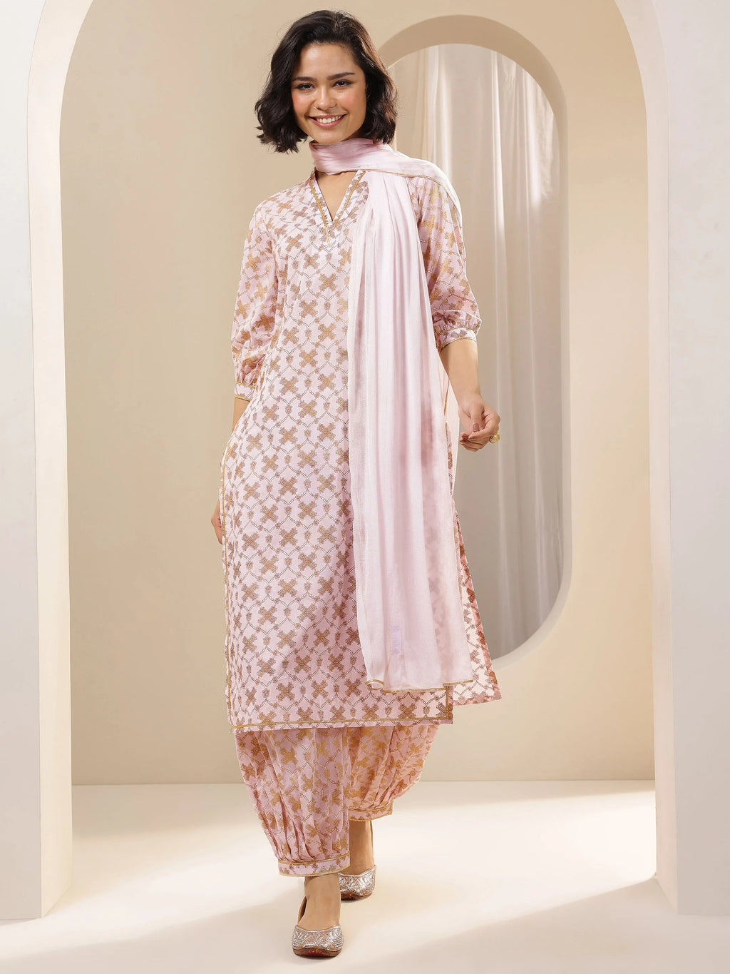 Pink Printed Cotton Straight Suit Sets With Dupatta