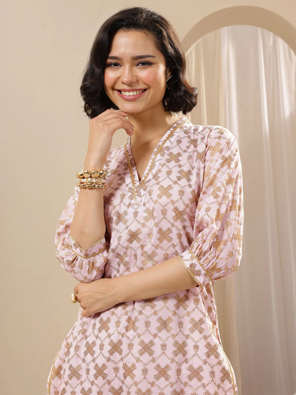 Pink Printed Cotton Straight Suit Sets With Dupatta