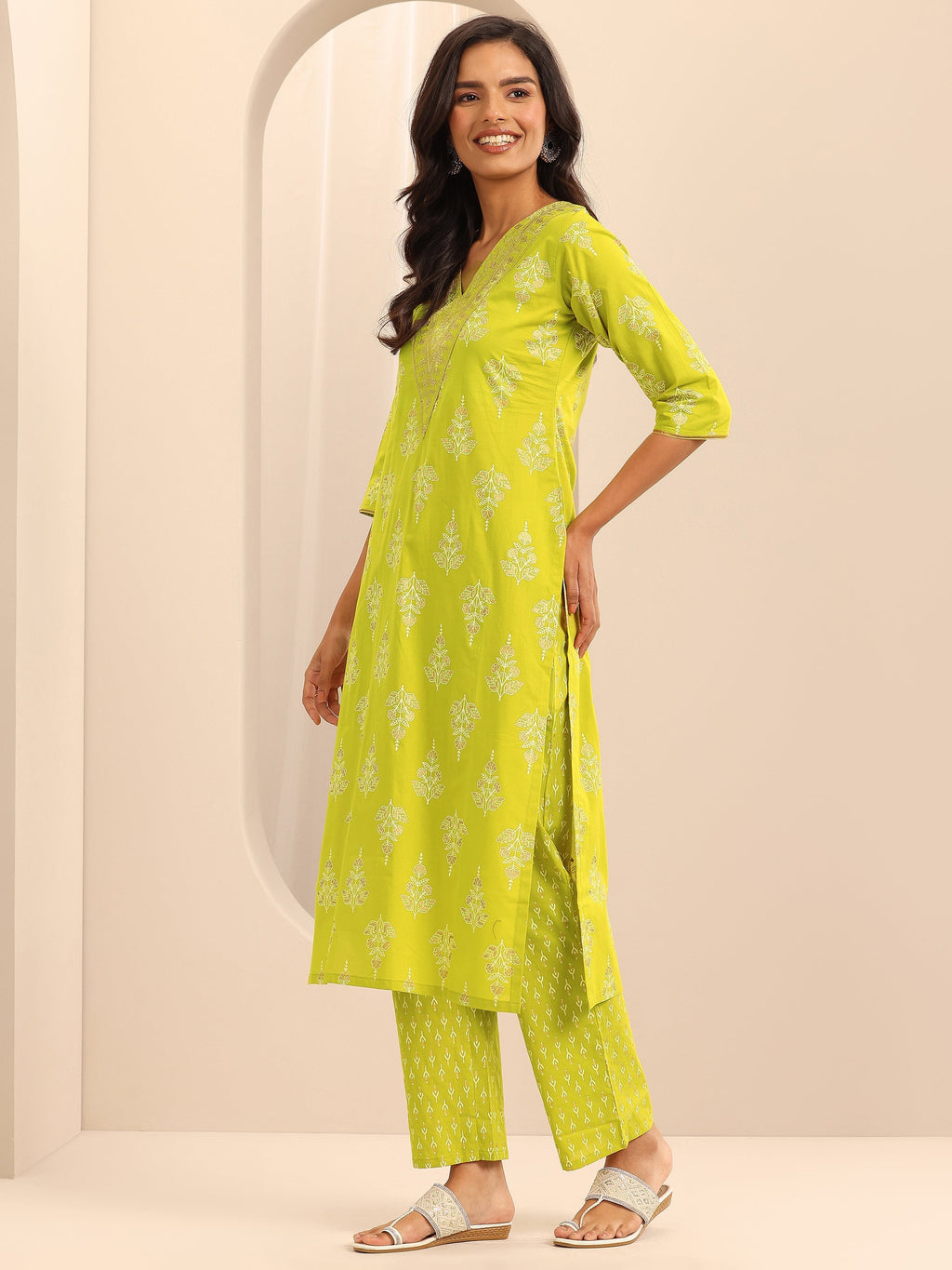 Mustard Printed Cotton Straight Suit Set With Dupatta