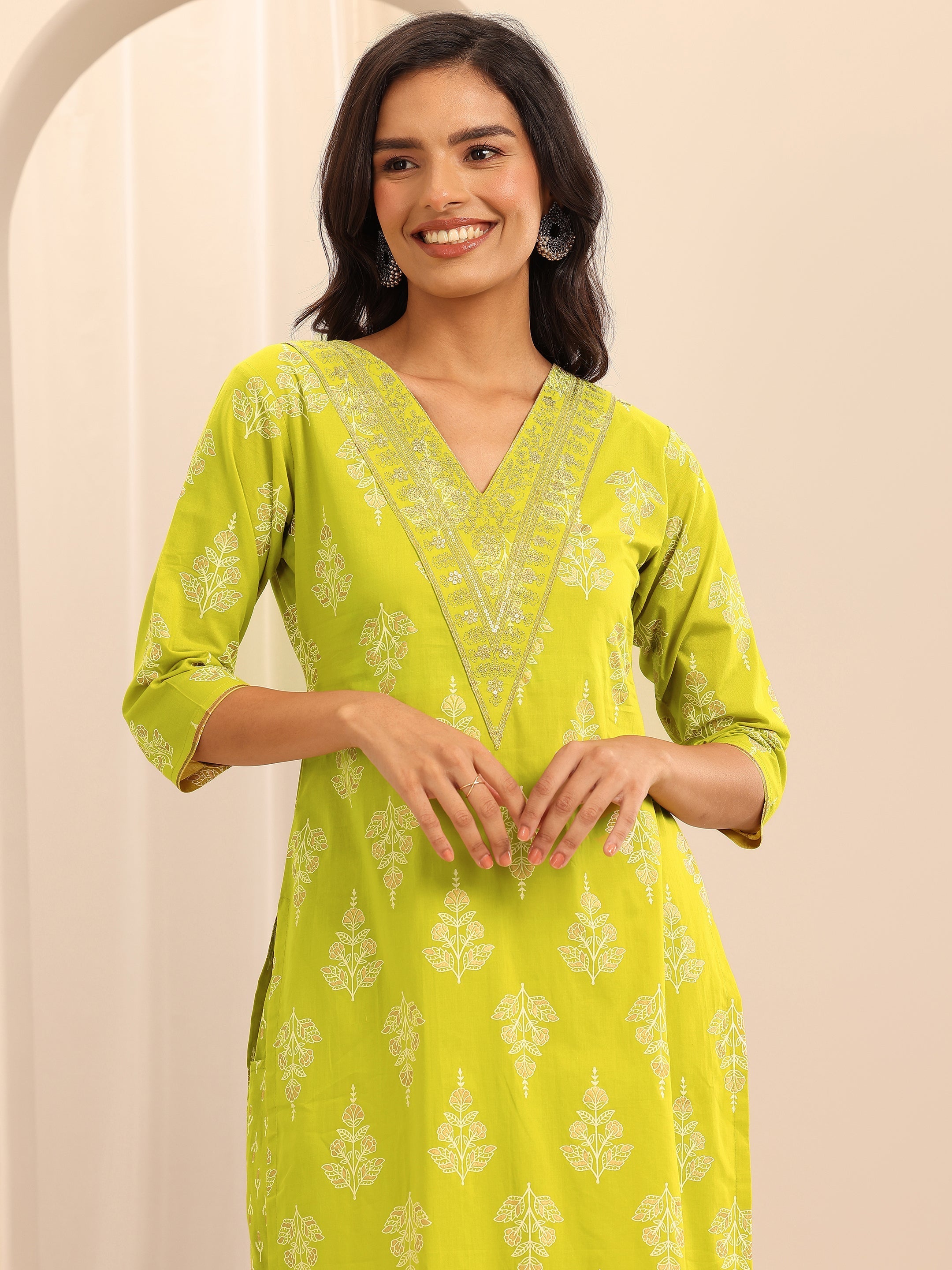 Mustard Printed Cotton Straight Suit Set With Dupatta