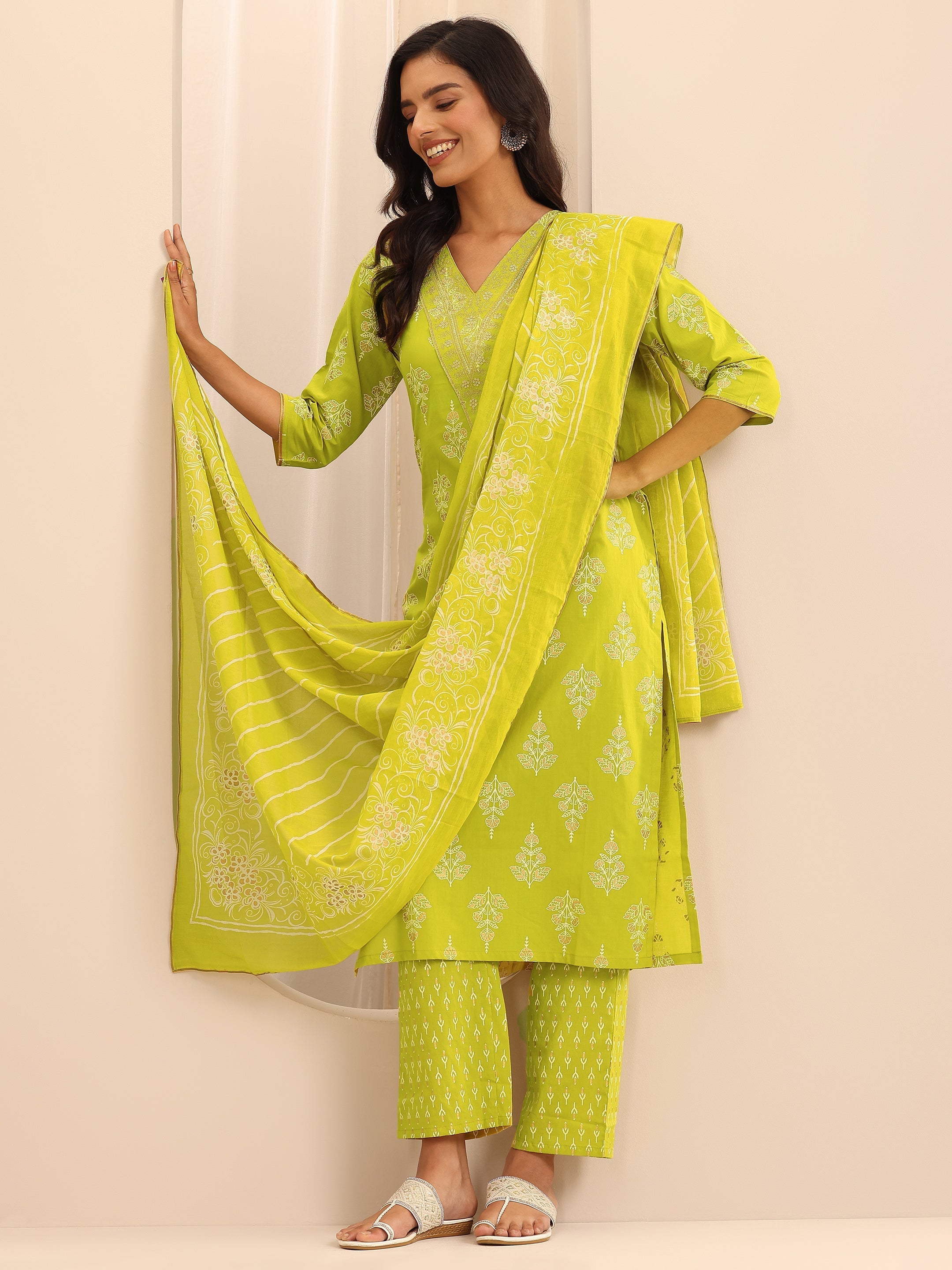 Mustard Printed Cotton Straight Suit Set With Dupatta