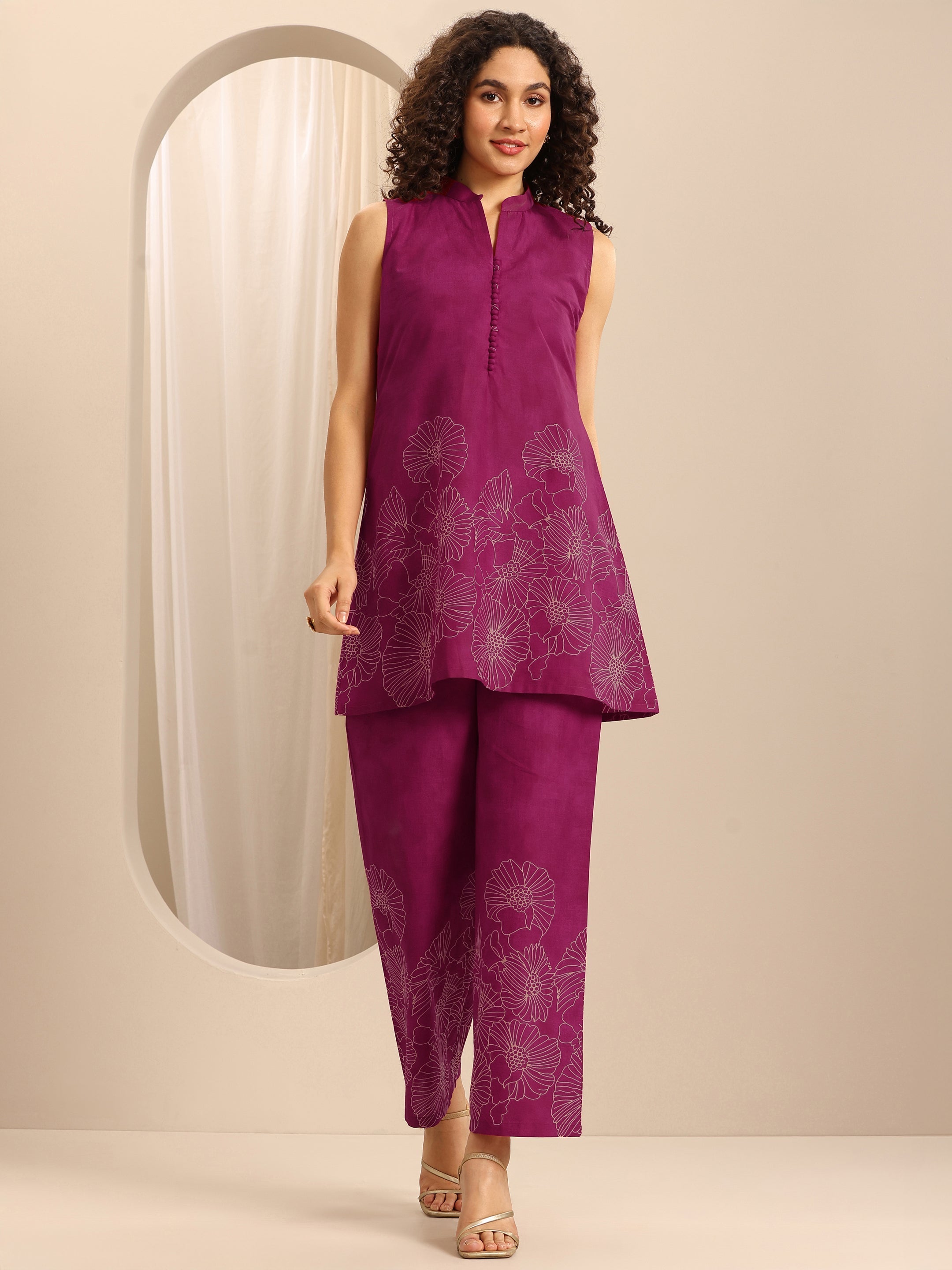 Pink Printed Cotton Blend A-line Kurta Set