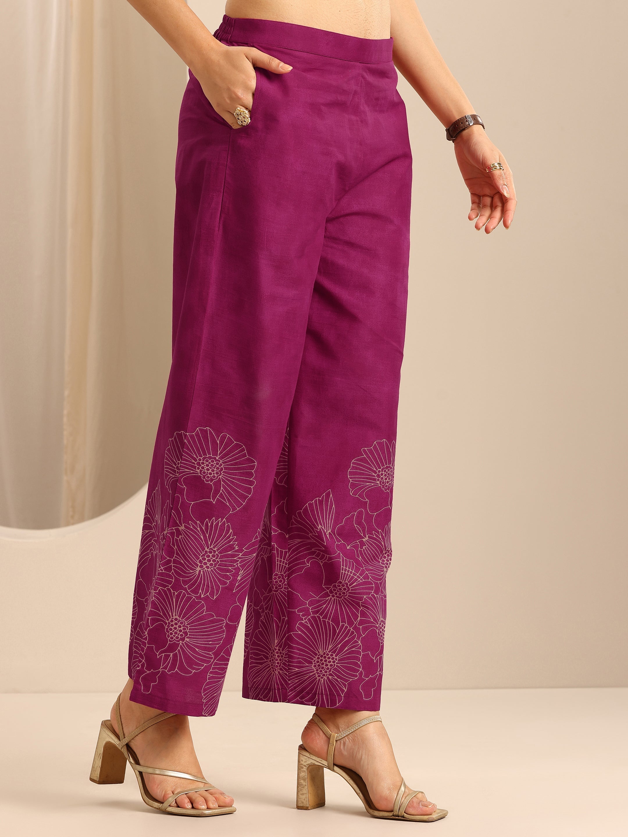 Pink Printed Cotton Blend A-line Kurta Set