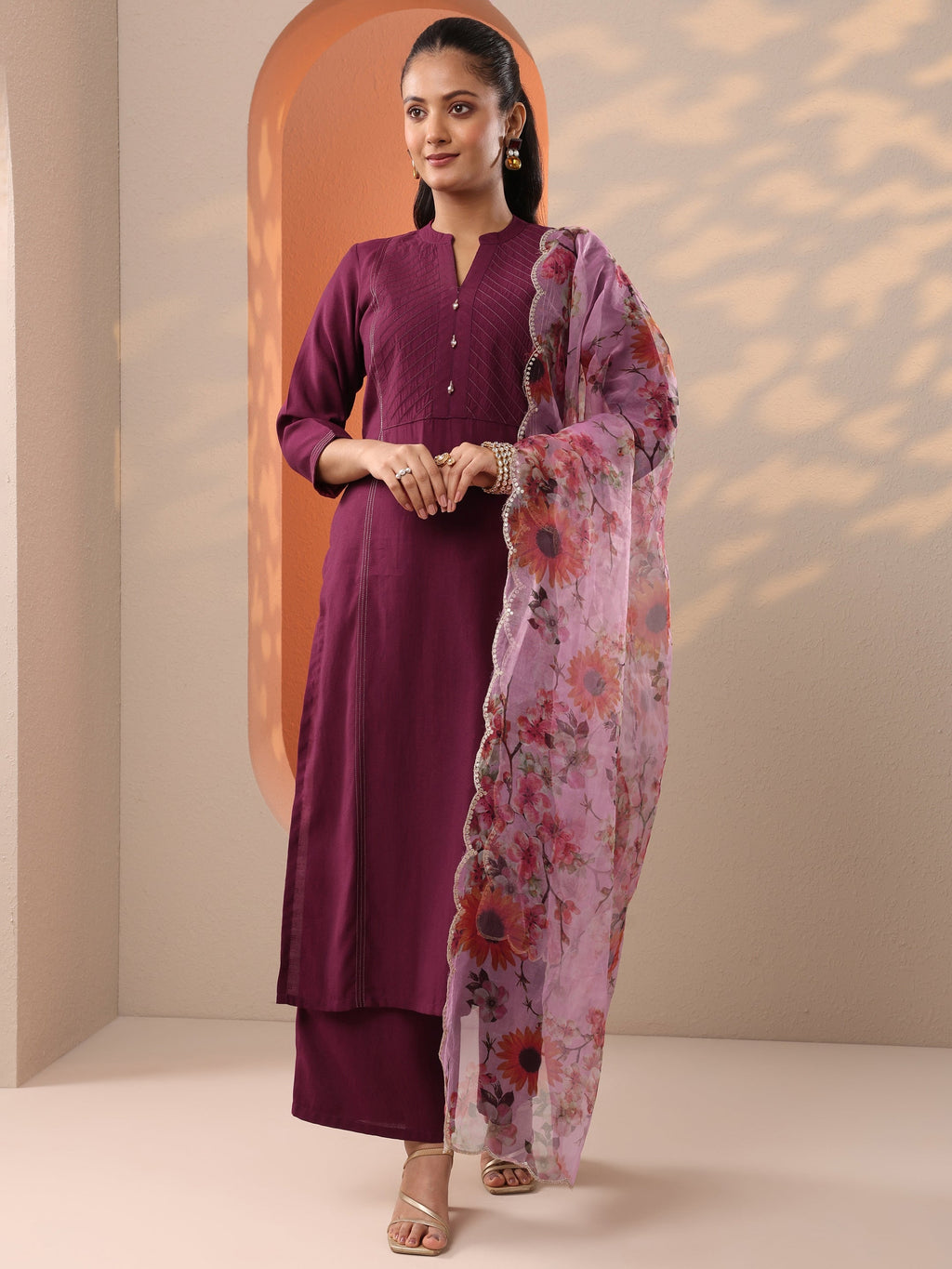 Burgundy Woven Design Silk Blend Straight Suit Set With Dupatta