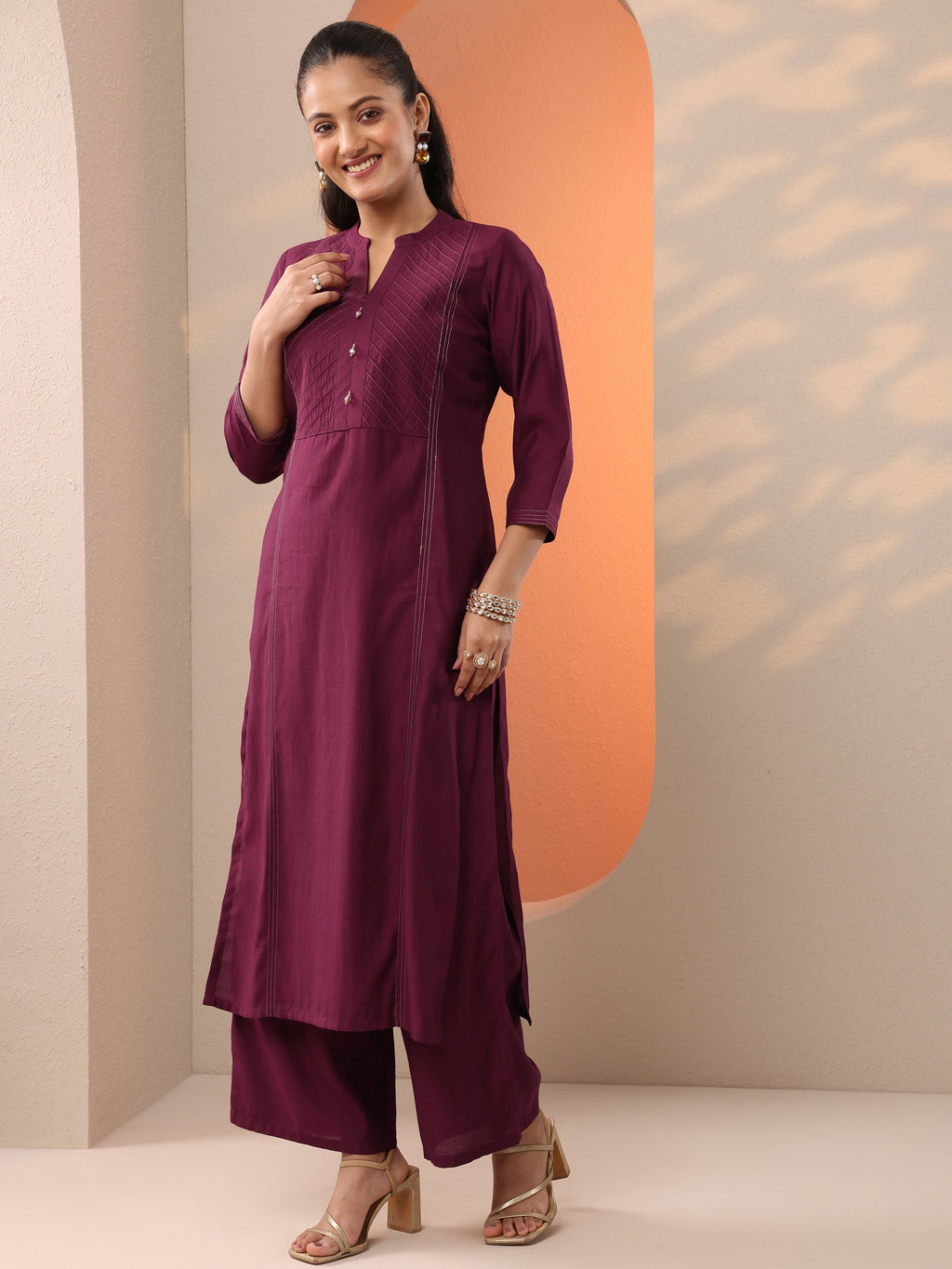 Burgundy Woven Design Silk Blend Straight Suit Set With Dupatta