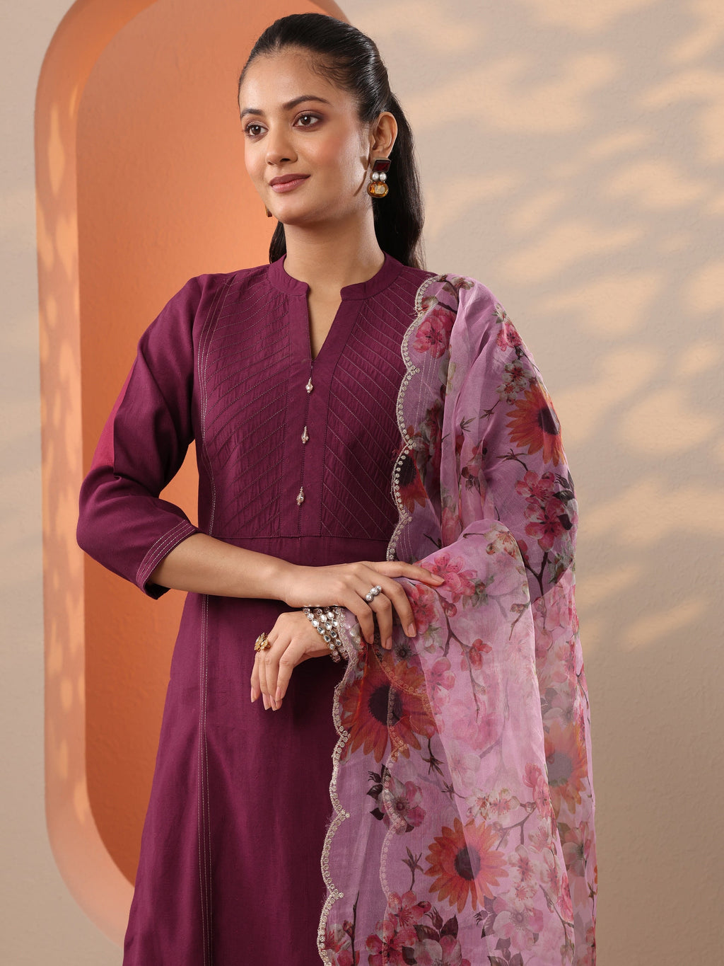 Burgundy Woven Design Silk Blend Straight Suit Set With Dupatta