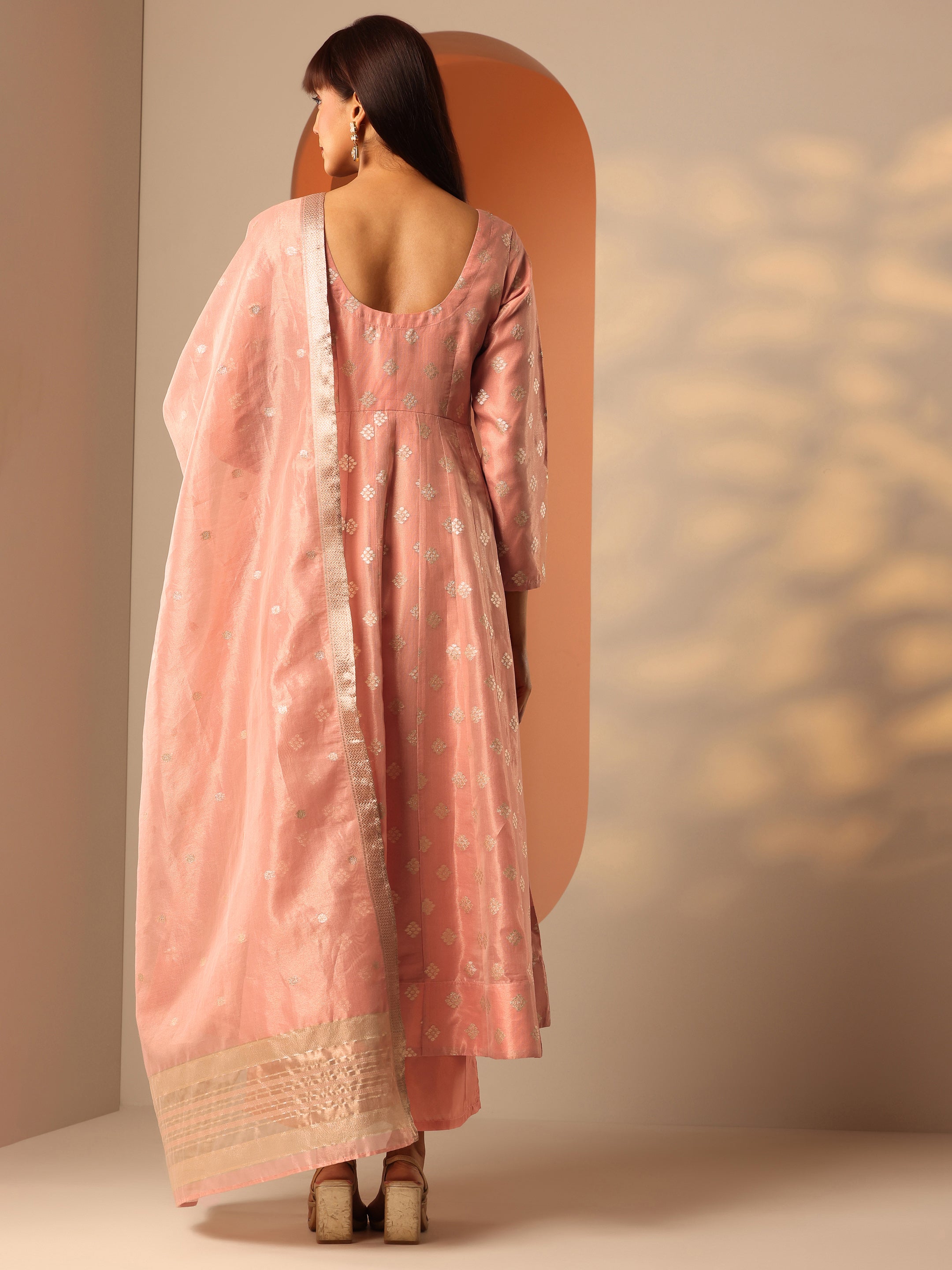 Peach Woven Design Silk Blend Anarkali Suit Set With Dupatta