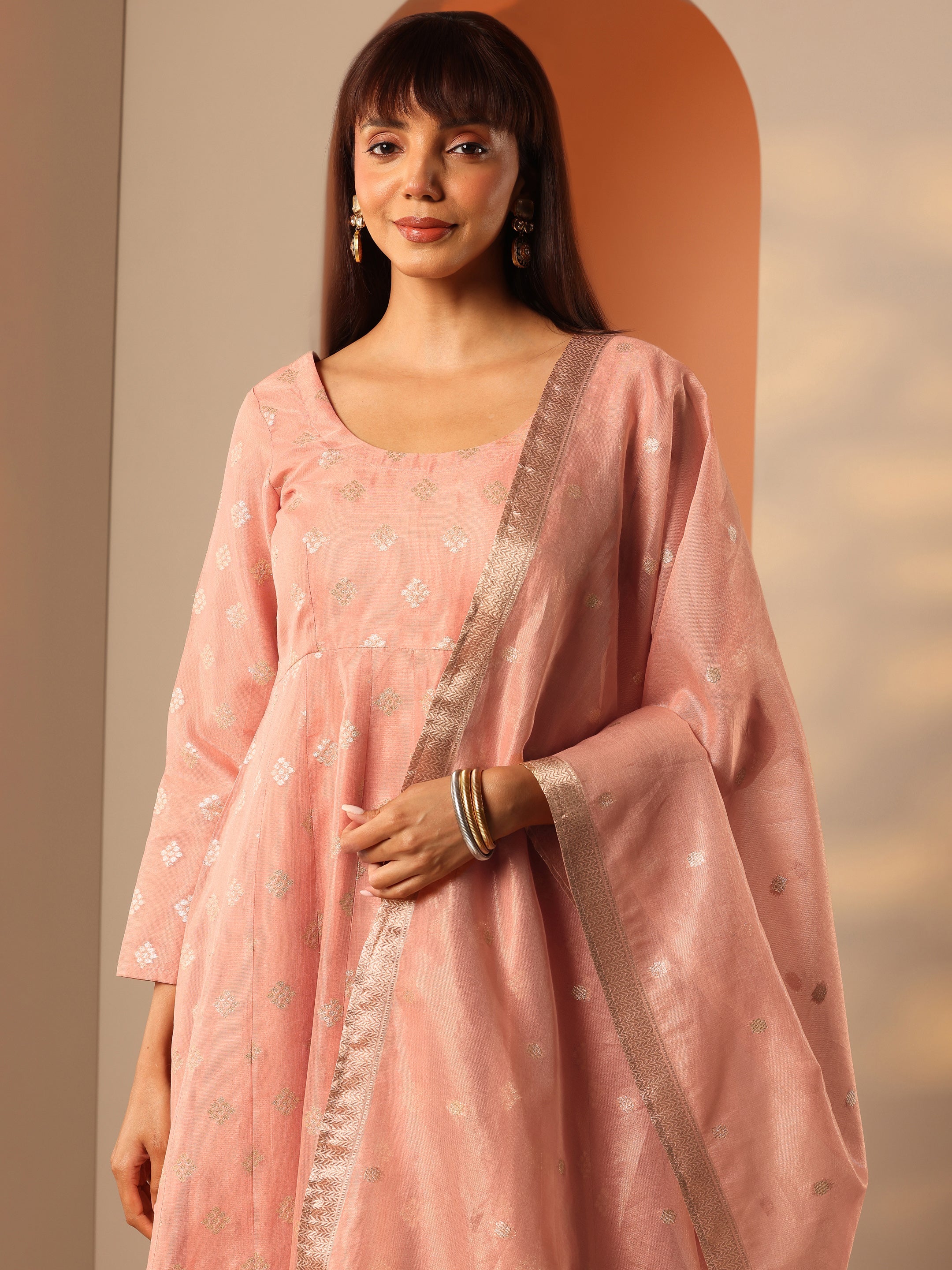 Peach Woven Design Silk Blend Anarkali Suit Set With Dupatta
