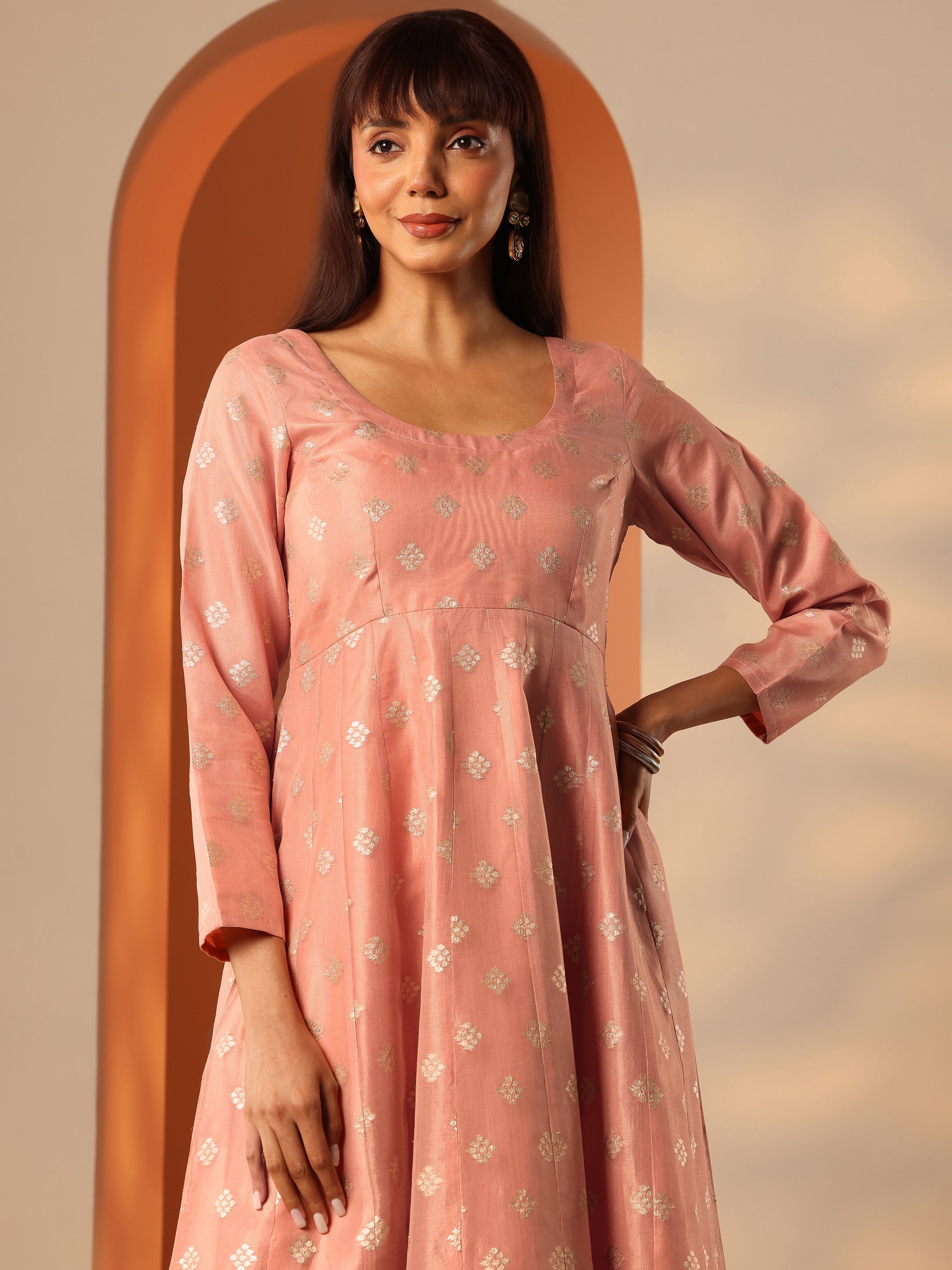 Peach Woven Design Silk Blend Anarkali Suit Set With Dupatta