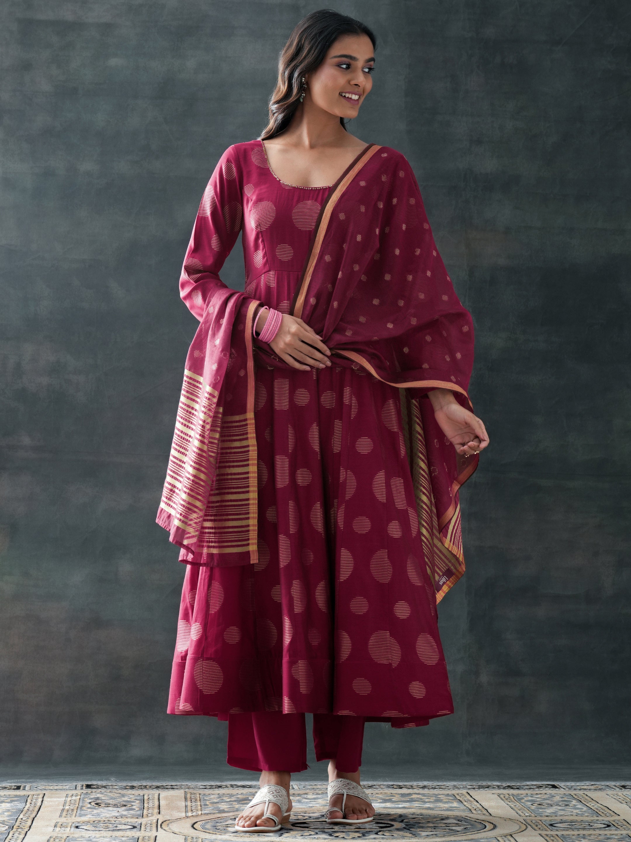 Maroon Woven Design Silk Blend Anarkali Suit Set With Dupatta