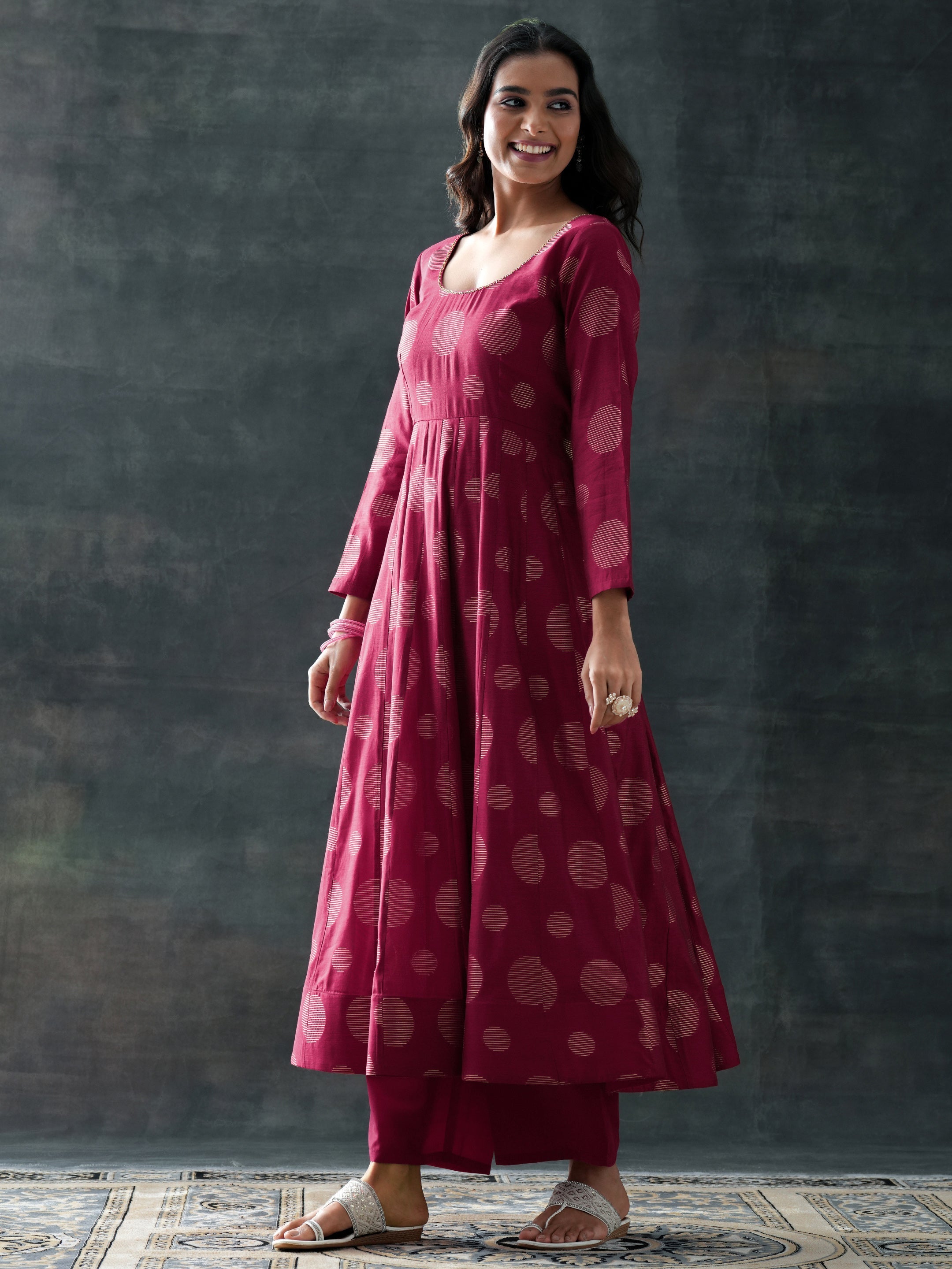 Maroon Woven Design Silk Blend Anarkali Suit Set With Dupatta