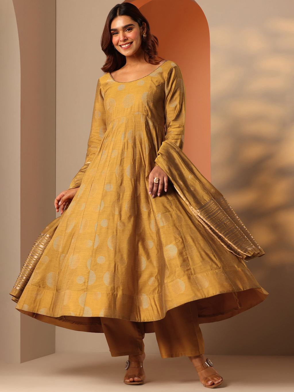 Mustard Woven Design Silk Blend Anarkali Suit Set With Dupatta