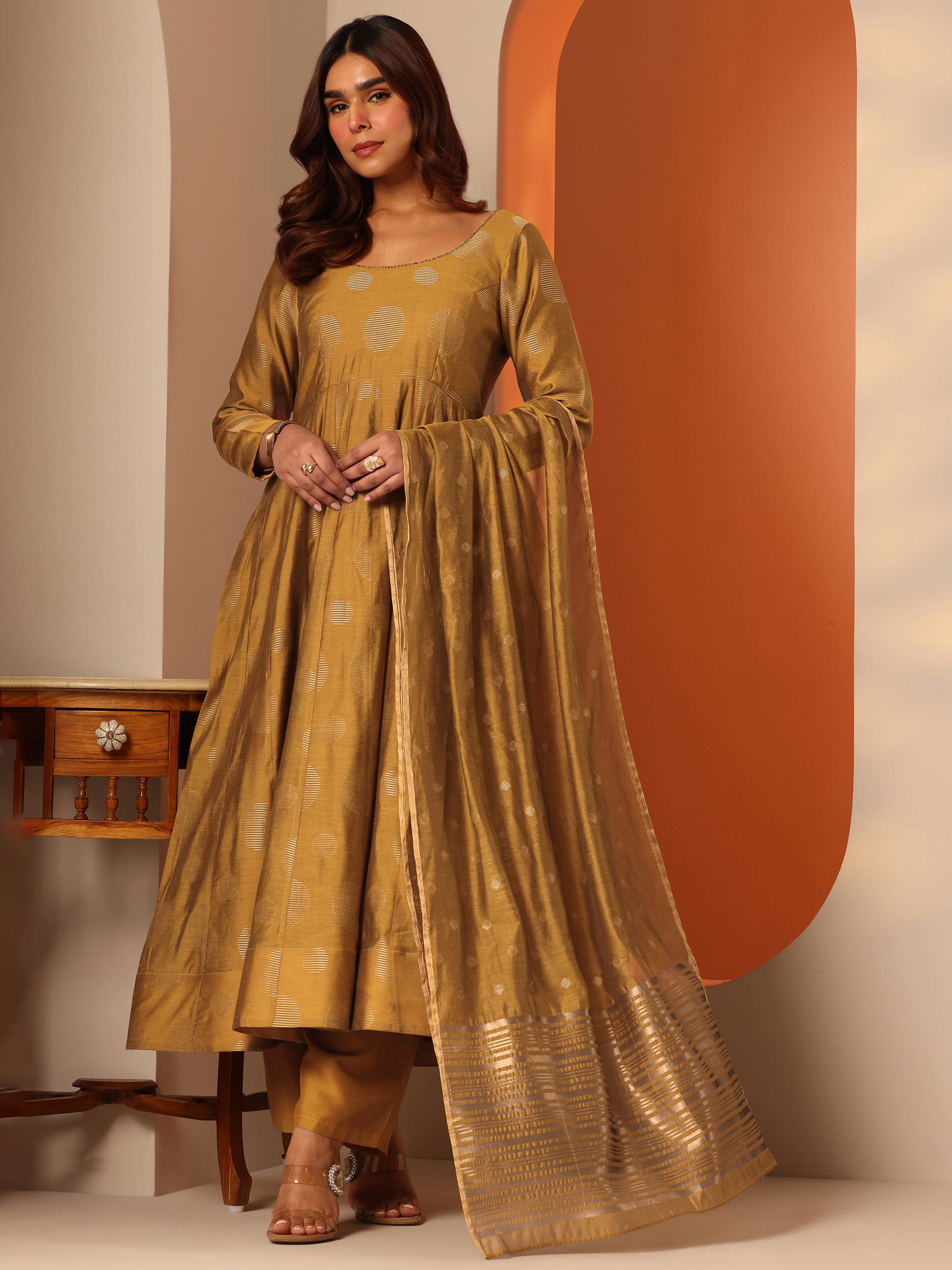 Mustard Woven Design Silk Blend Anarkali Suit Set With Dupatta