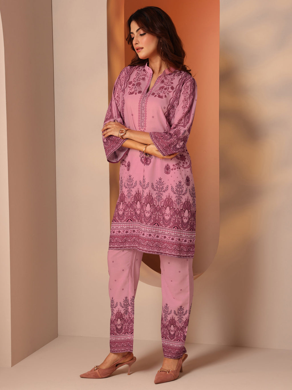 Pink Printed Cotton Blend Co-Ord Sets