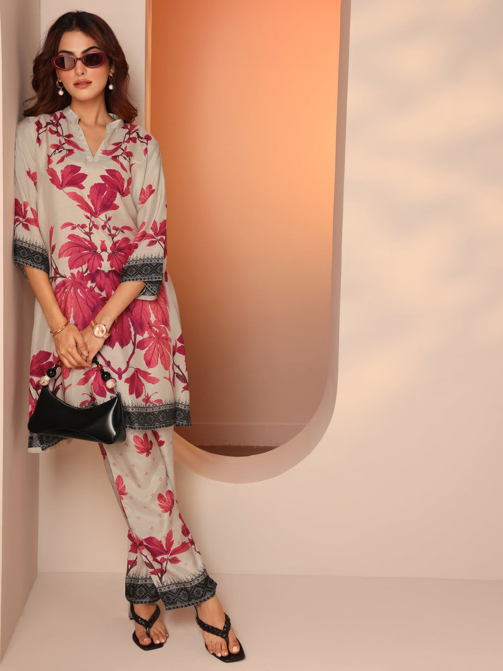 Off White Printed Cotton Blend Co-Ord Sets