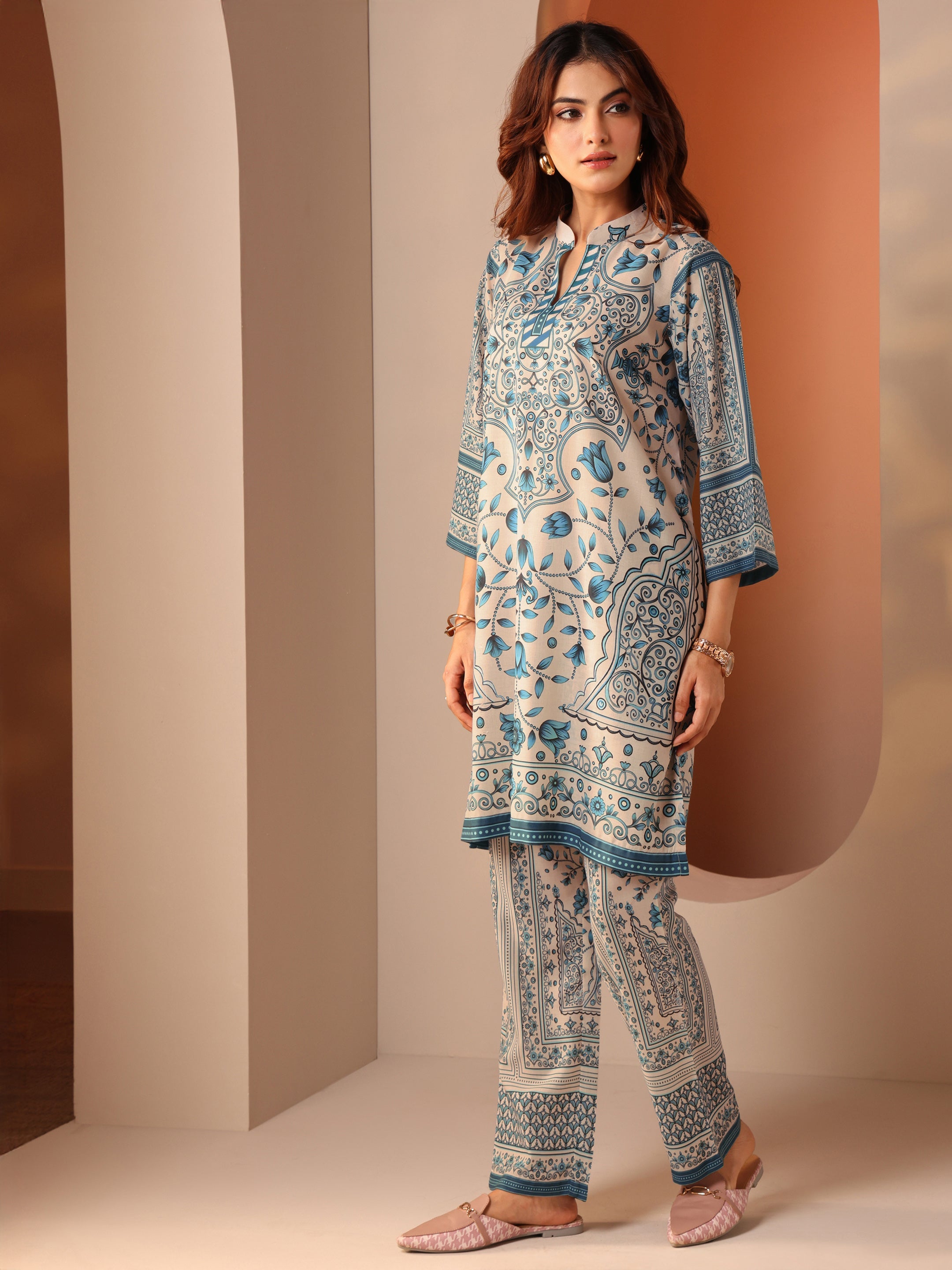 Off White Printed Cotton Blend Co-Ord Sets