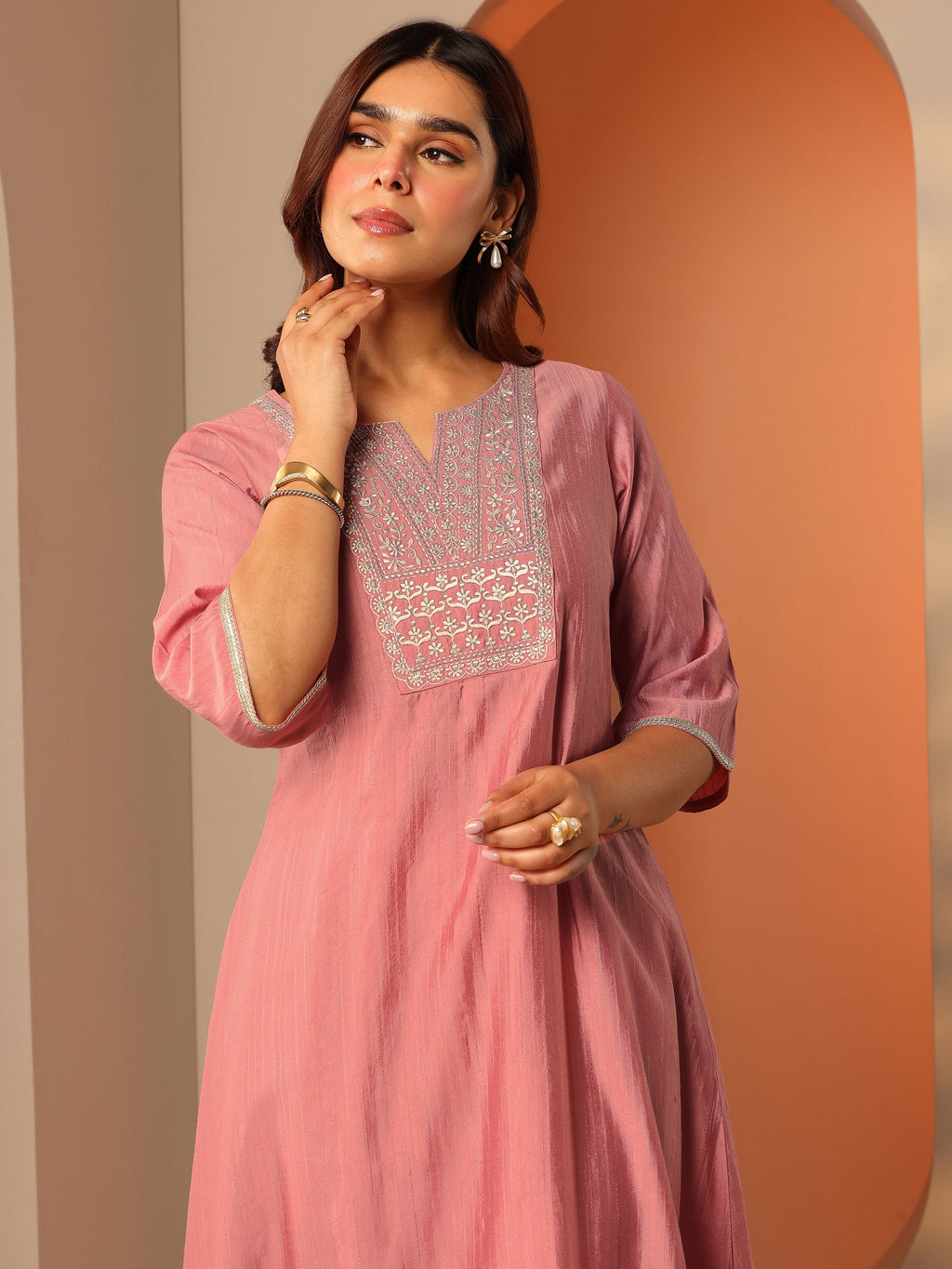 Peach Embroidered Silk Blend A-Line Kurta Set