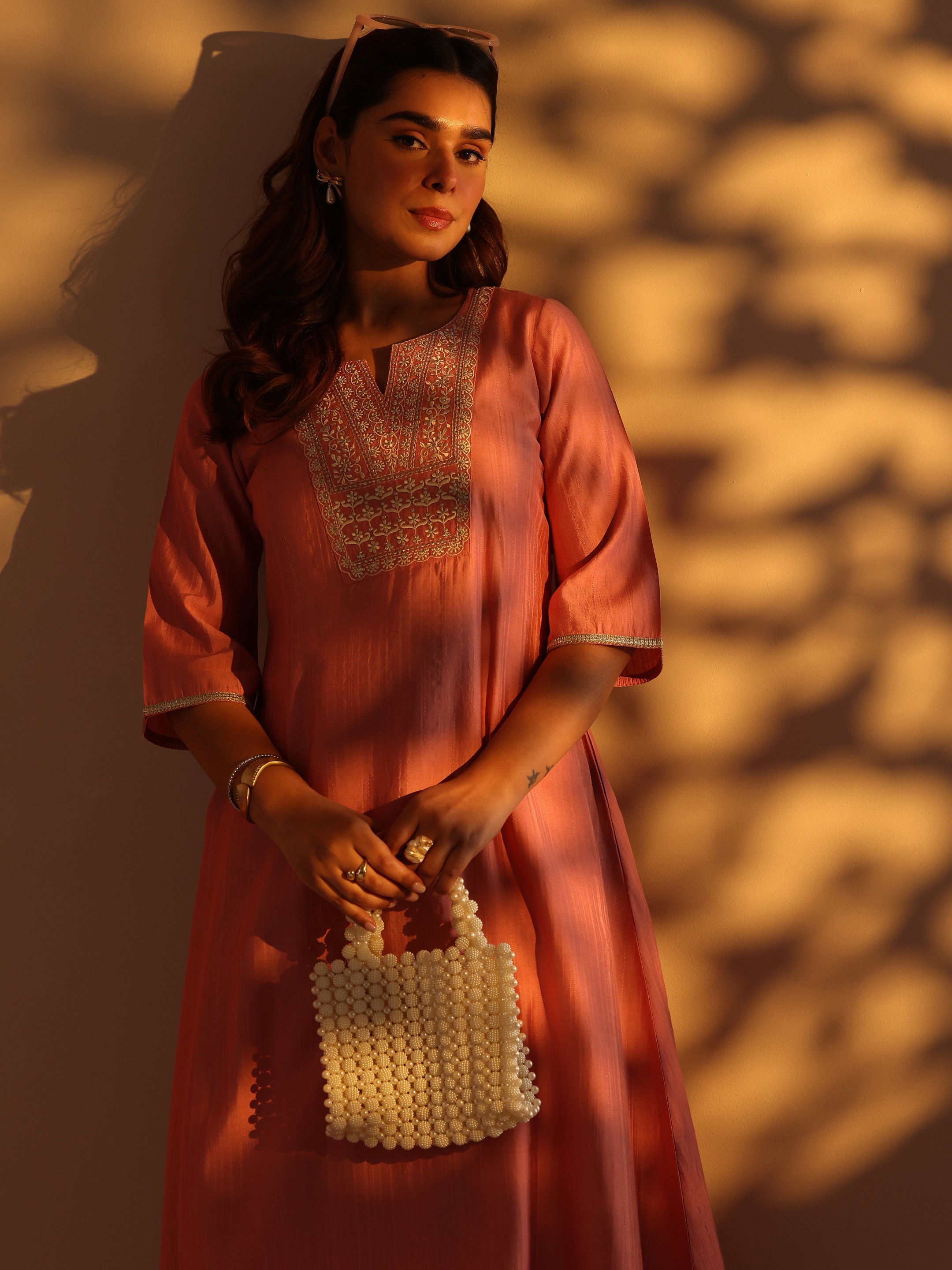 Peach Embroidered Silk Blend A-Line Kurta Set