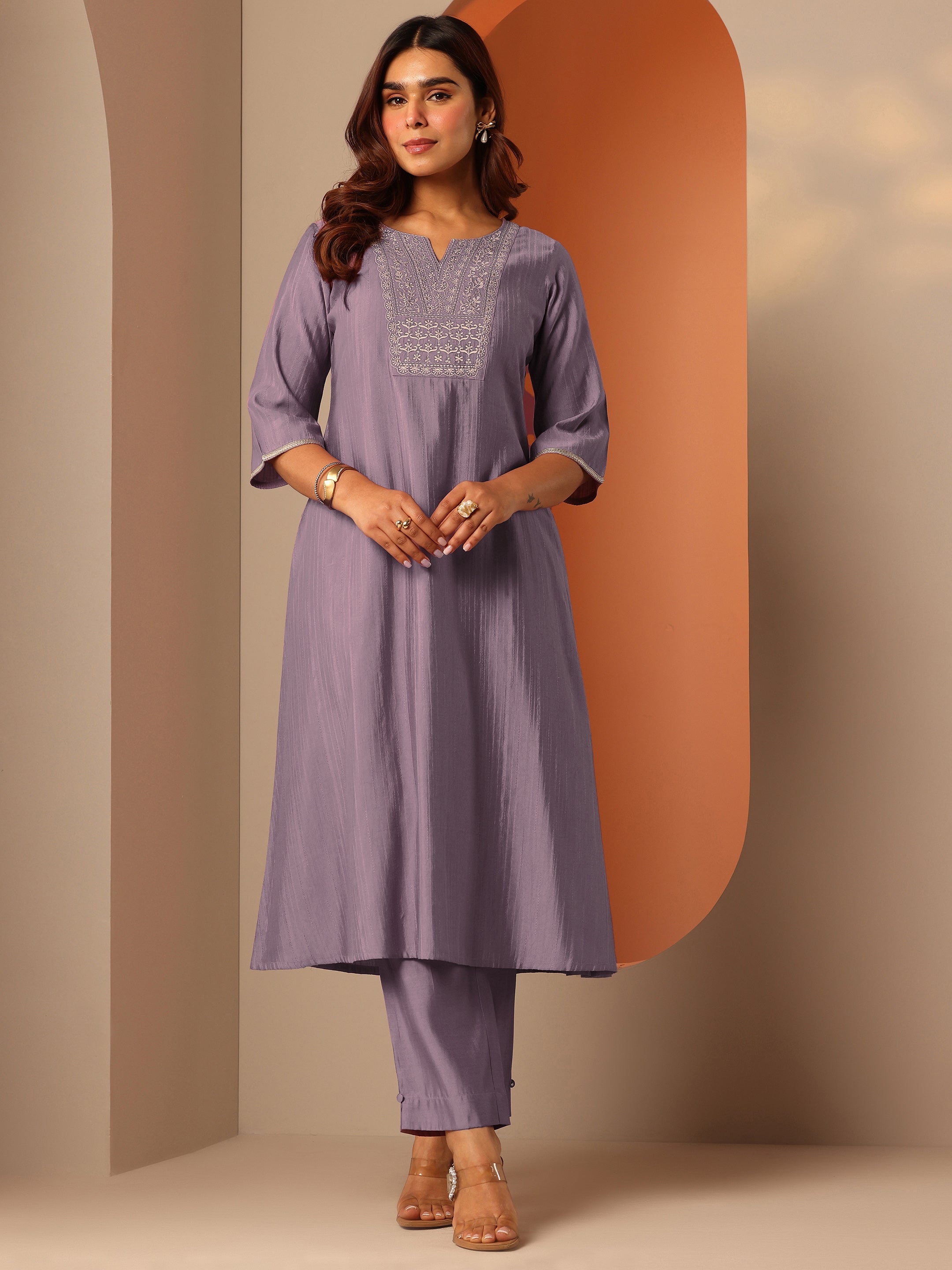Mauve Embroidered Silk Blend A-Line Kurta Set