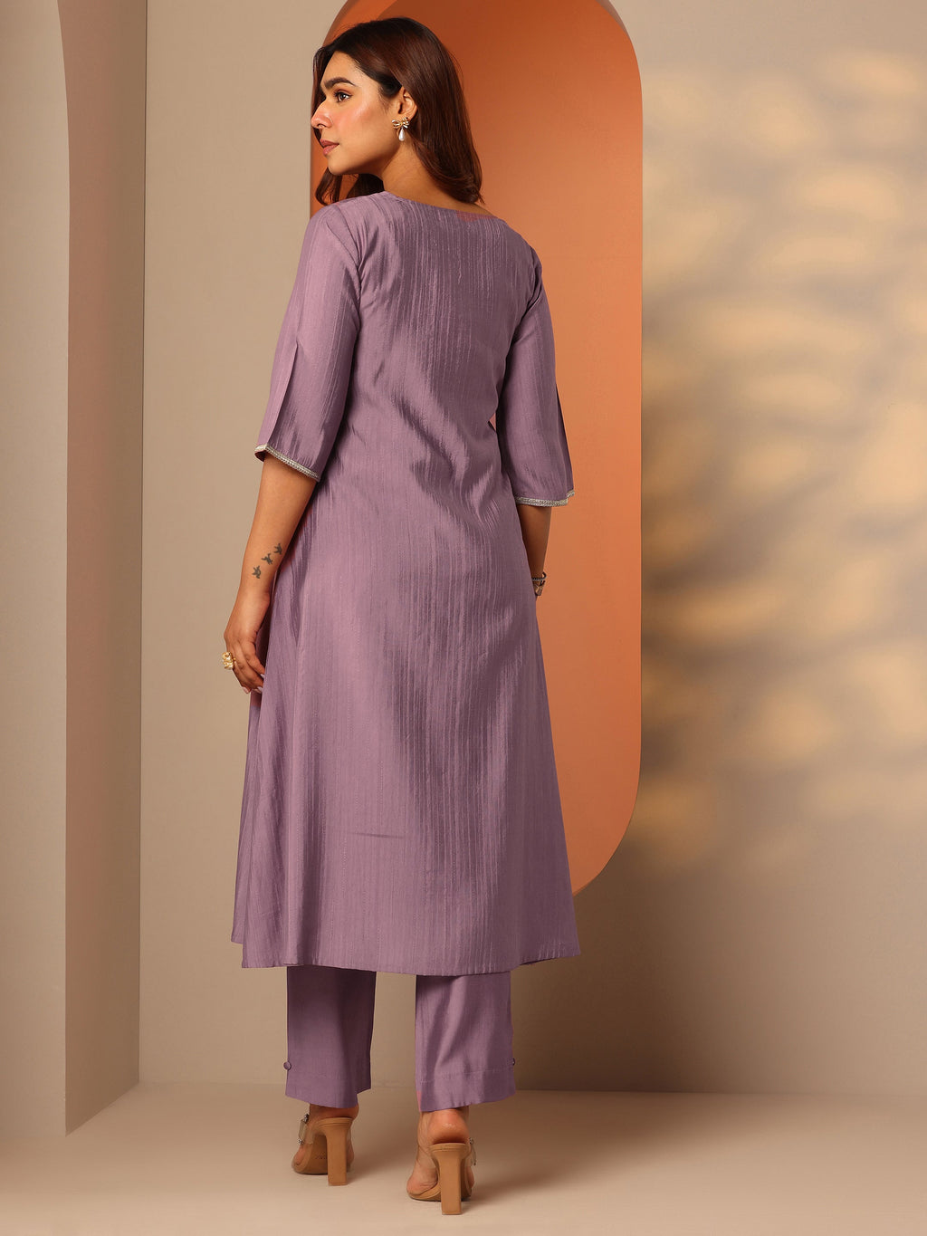 Mauve Embroidered Silk Blend A-Line Kurta Set