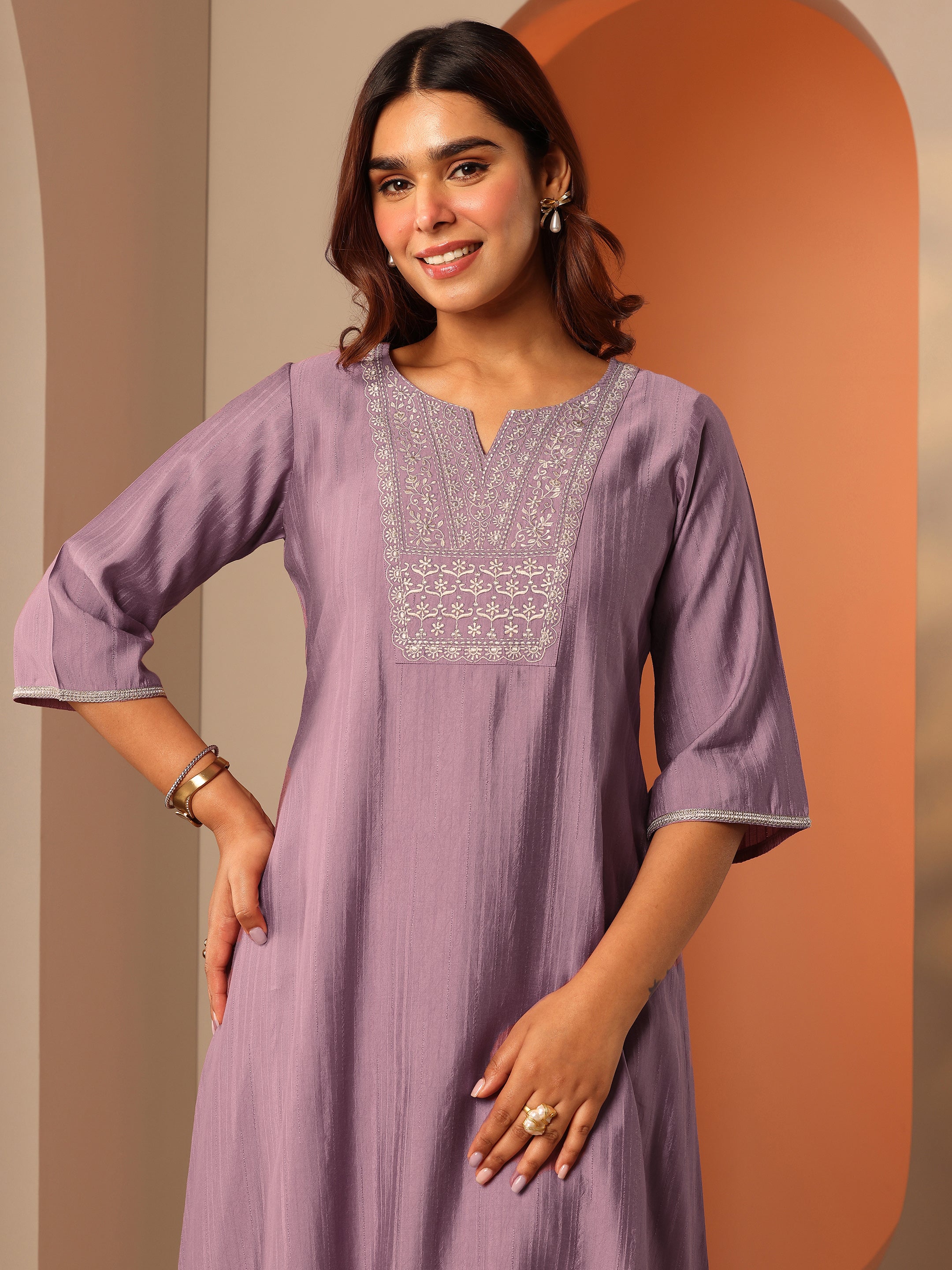 Mauve Embroidered Silk Blend A-Line Kurta Set
