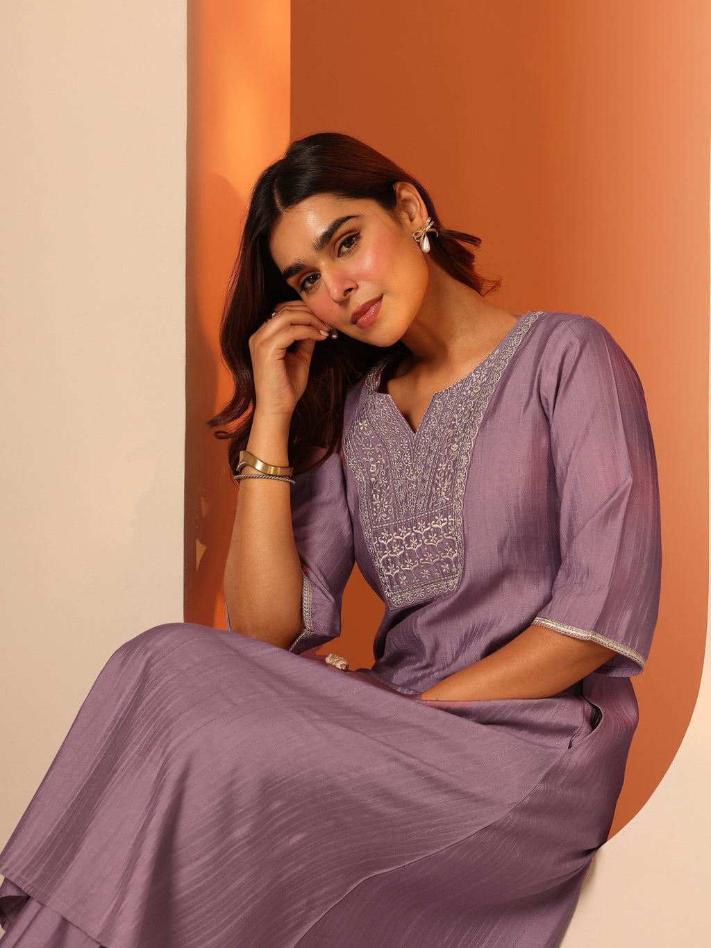 Mauve Embroidered Silk Blend A-Line Kurta Set
