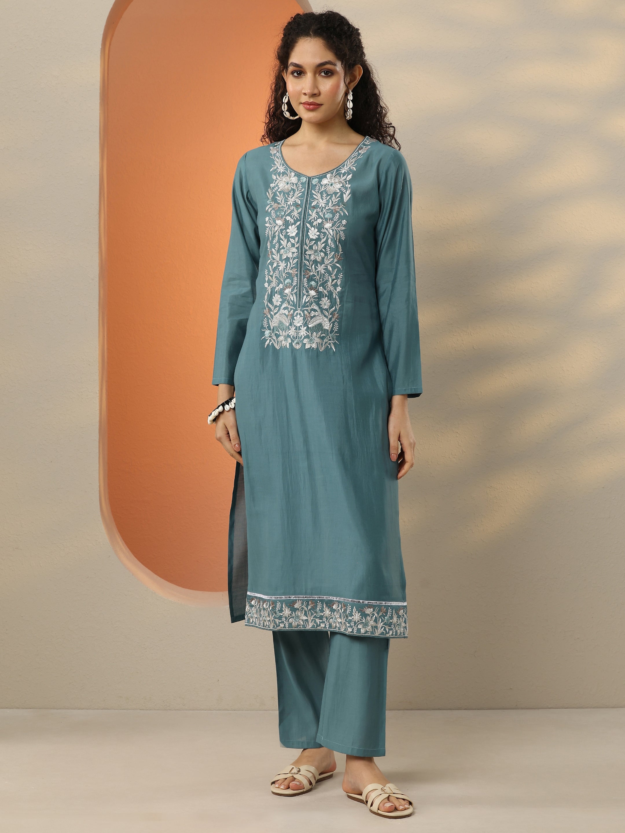 Blue Embroidered Silk Blend  Straight Kurta Set