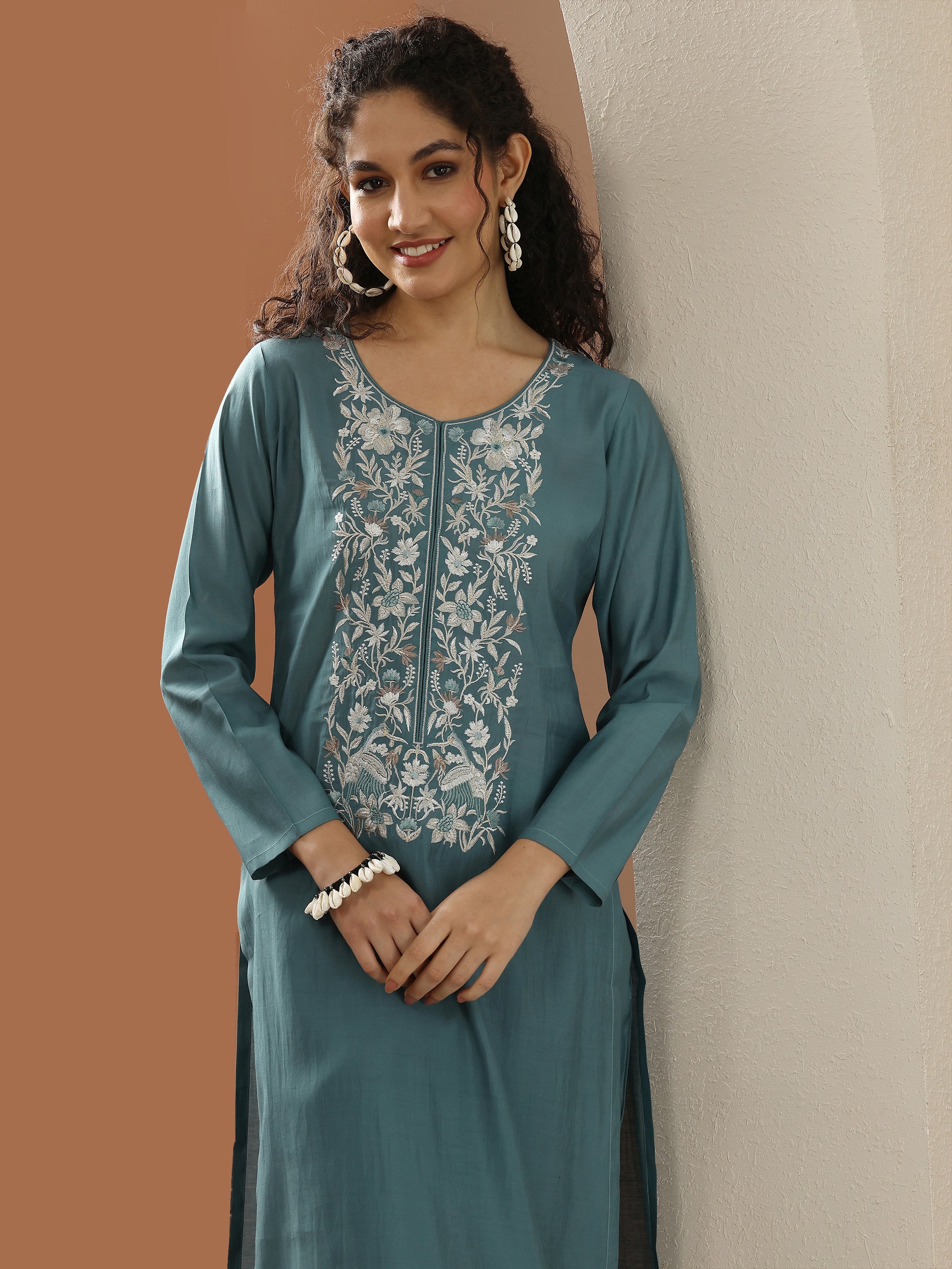 Blue Embroidered Silk Blend  Straight Kurta Set
