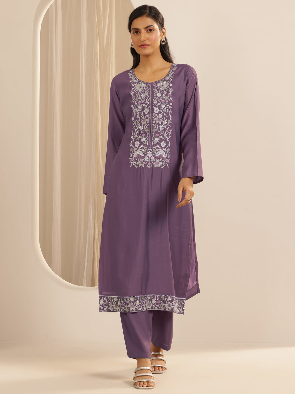 Mauve Embroidered Silk Blend Straight Kurta Set
