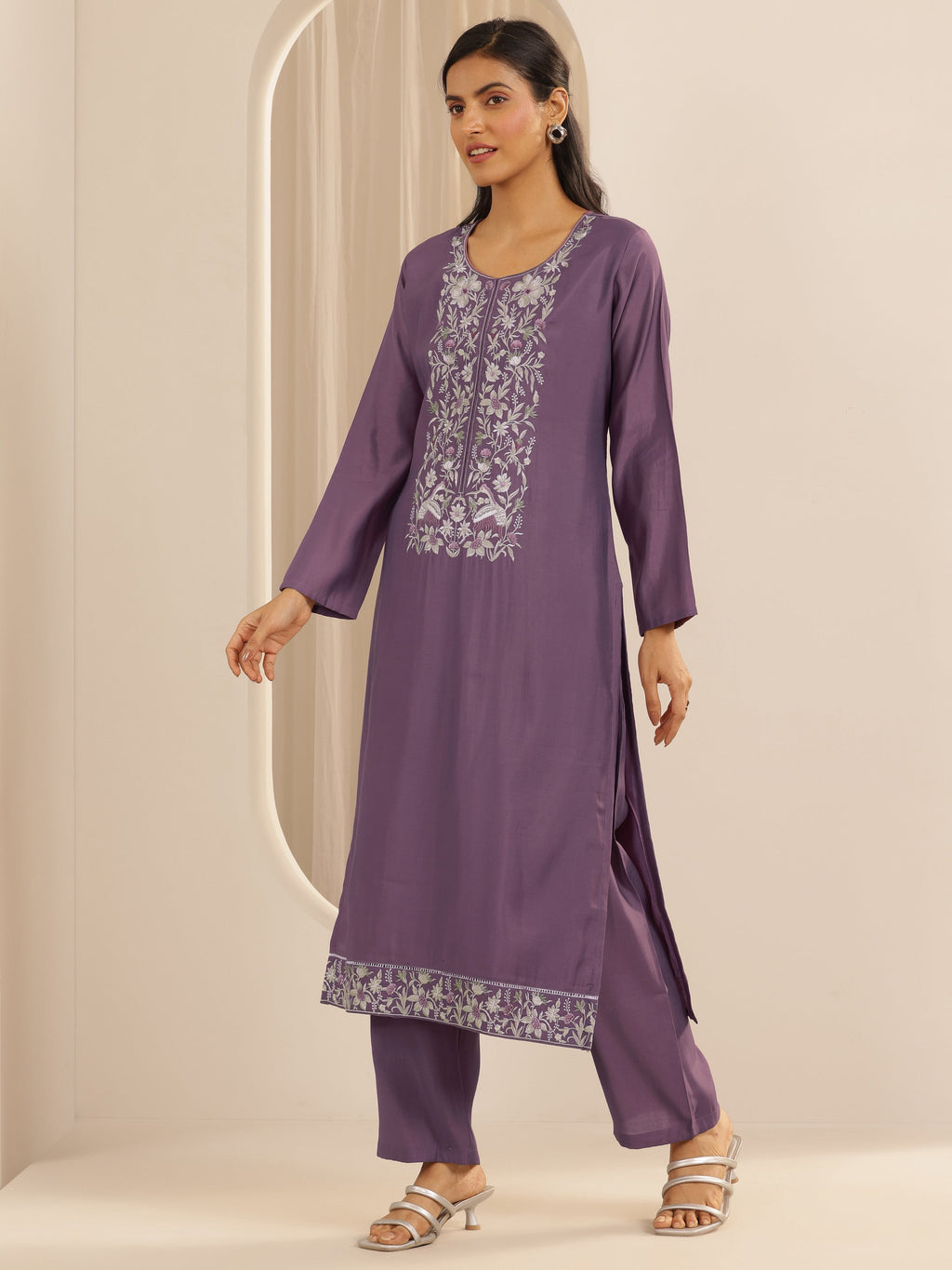 Mauve Embroidered Silk Blend Straight Kurta Set
