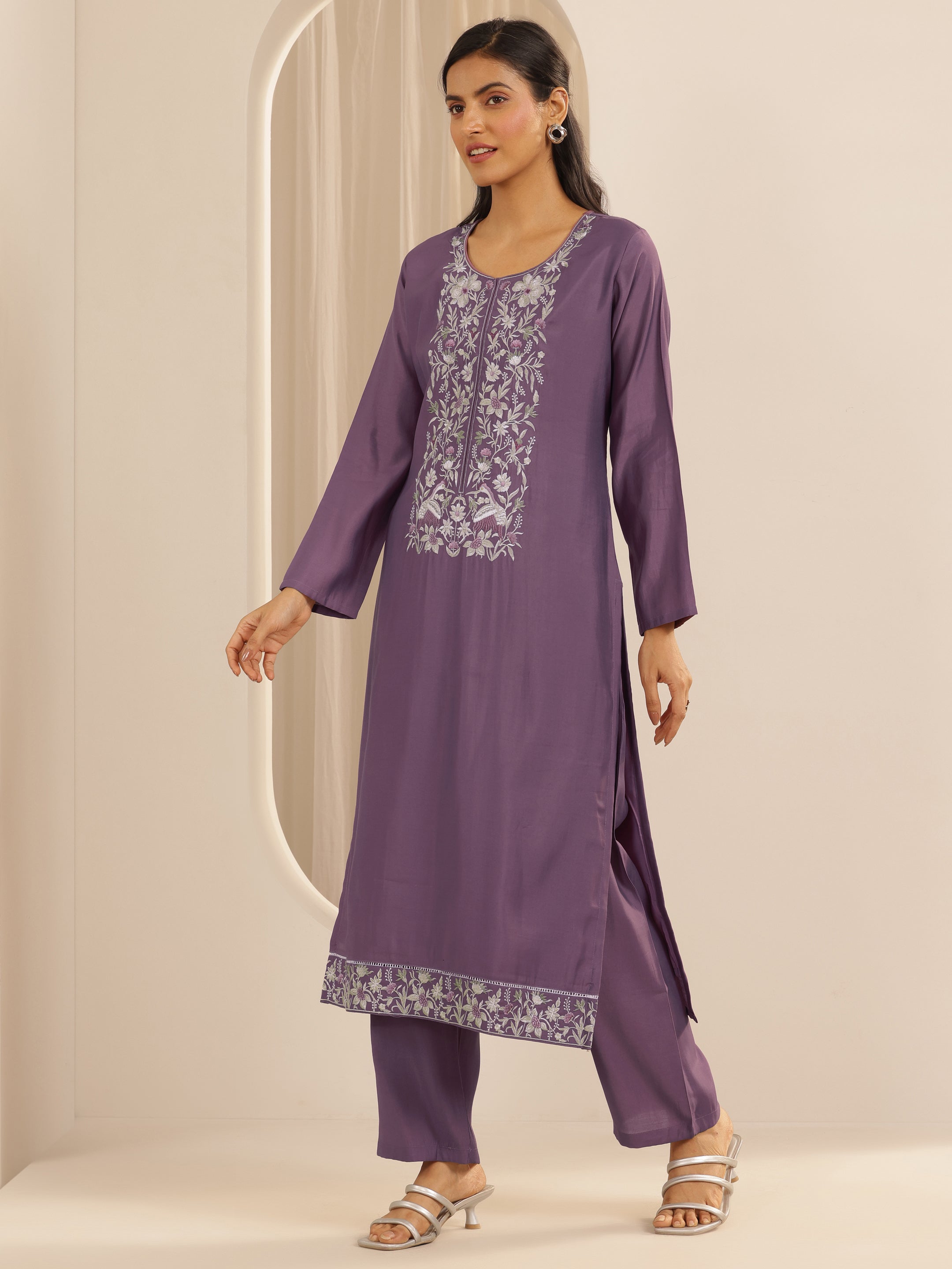 Mauve Embroidered Silk Blend Straight Kurta Set