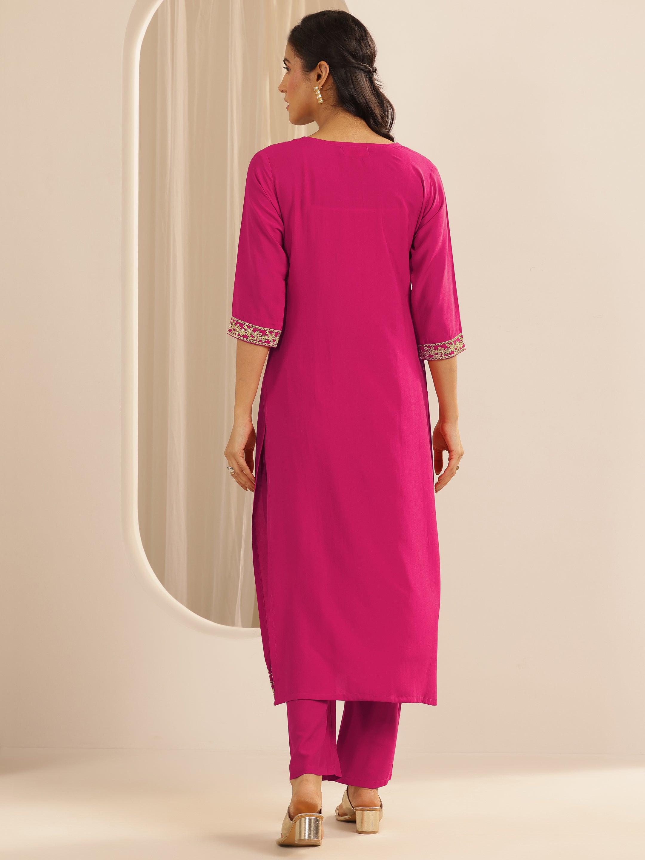Pink Embroidered Silk Blend Straight Kurta Set
