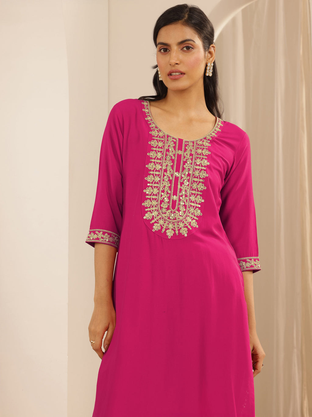 Pink Embroidered Silk Blend Straight Kurta Set