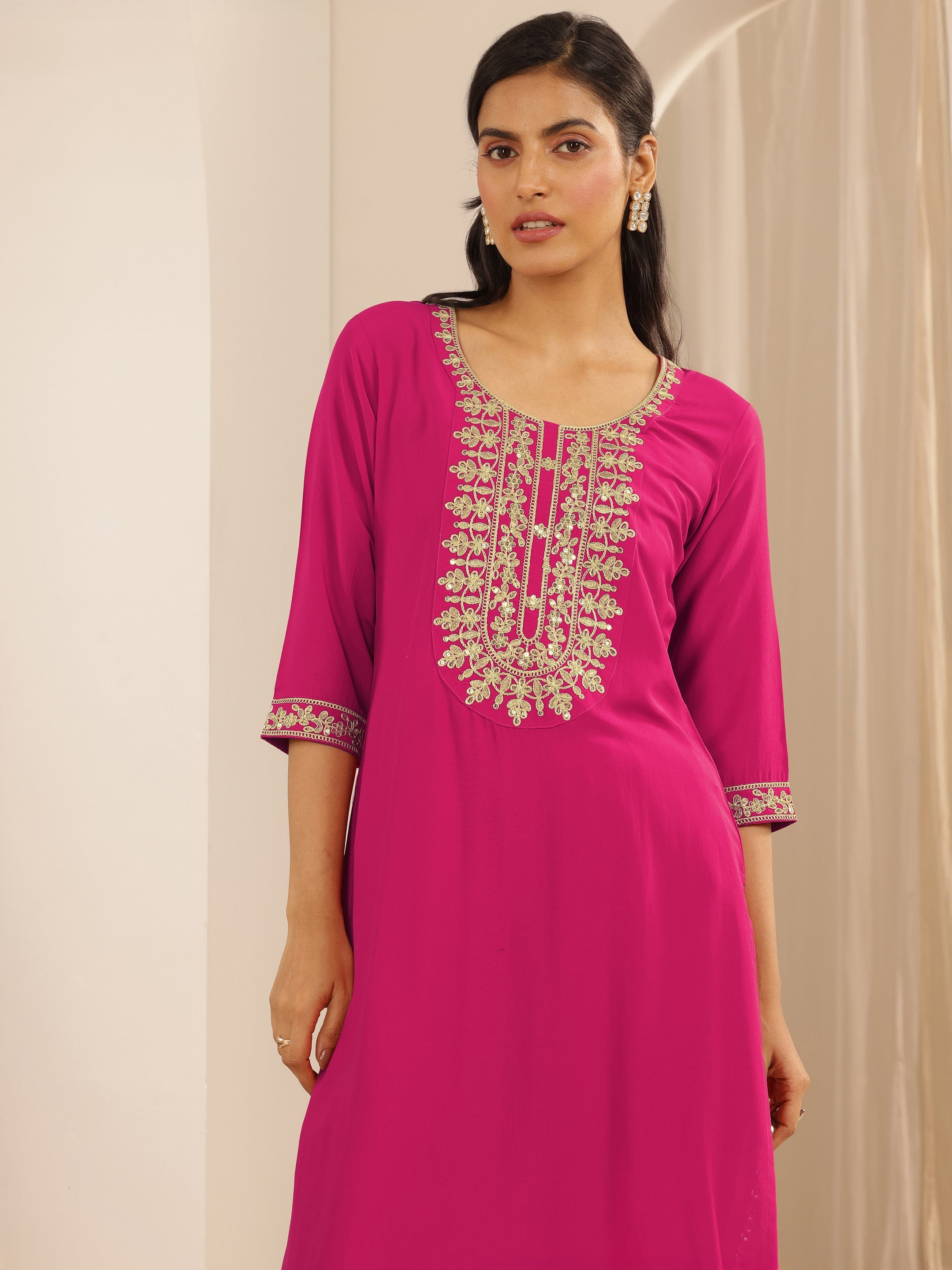 Pink Embroidered Silk Blend Straight Kurta Set