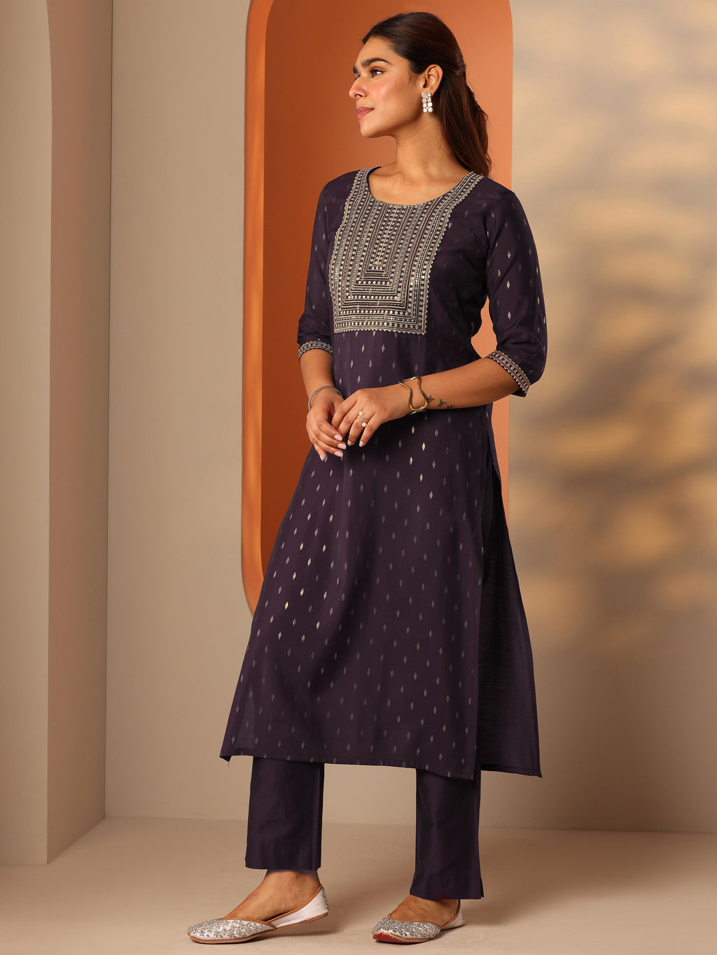 Burgundy Embellished Silk Blend Straight Kurta Set